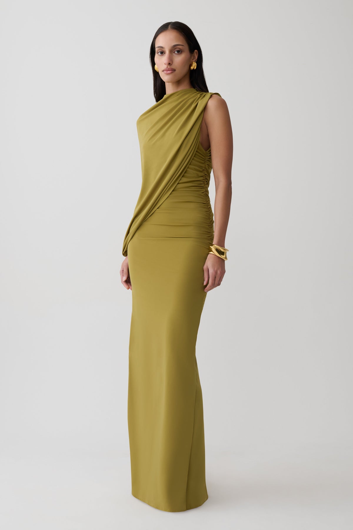 Yuri Gather Sleeve Maxi Dress - Martini Olive