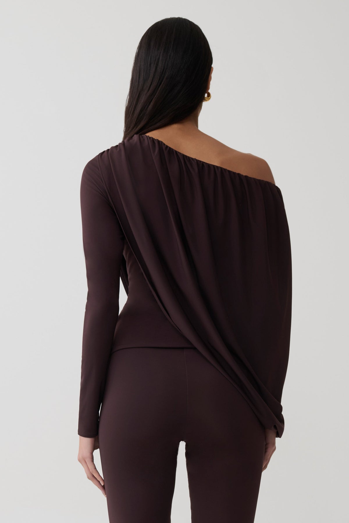 Yuri Long Sleeve Off Shoulder Draped Top - Chocolate