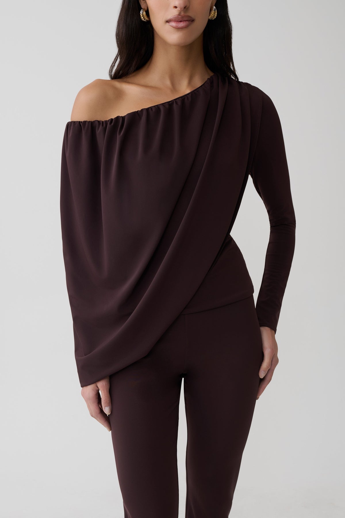 Yuri Long Sleeve Off Shoulder Draped Top - Chocolate