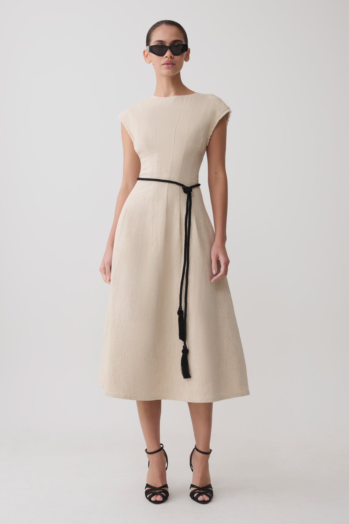 Zinia Linen Cap Sleeve Midi Dress - Natural