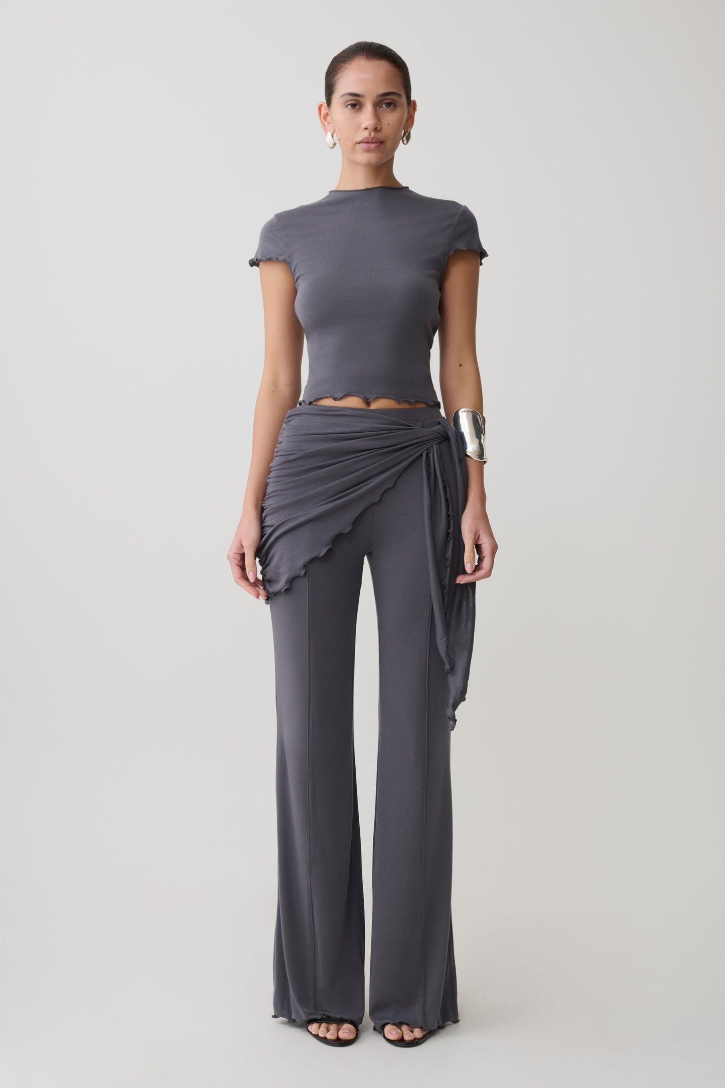 Anfie Straight Leg Pants With Waist Wrap - Grey