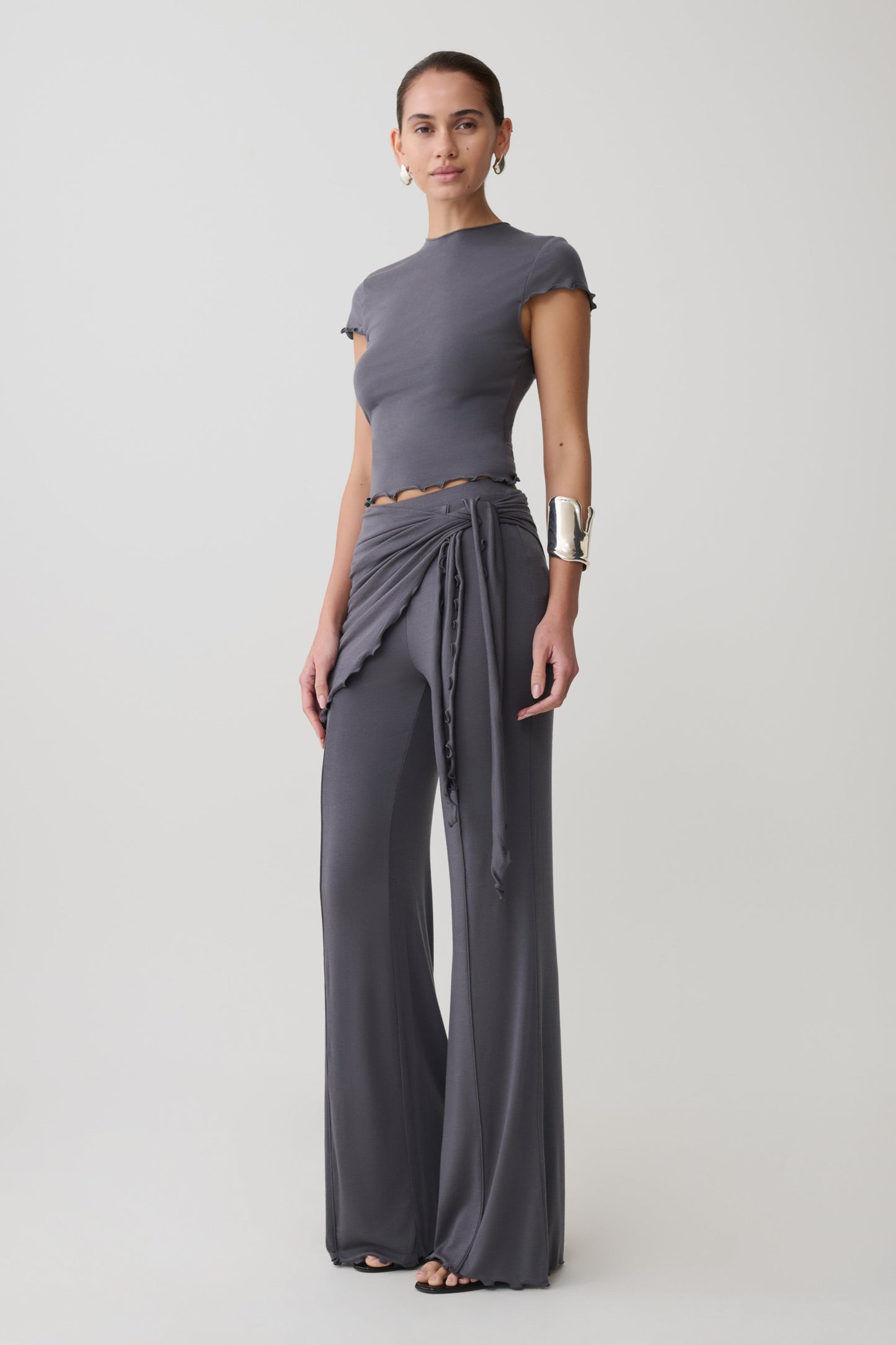 Anfie Straight Leg Pants With Waist Wrap - Grey