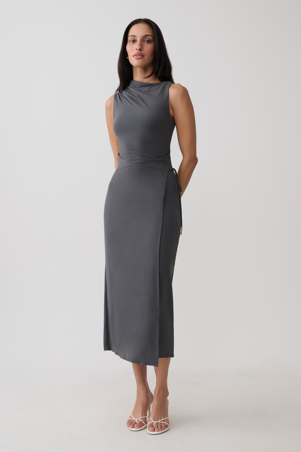 Euphemia Cupro Midi Wrap Dress - Charcoal