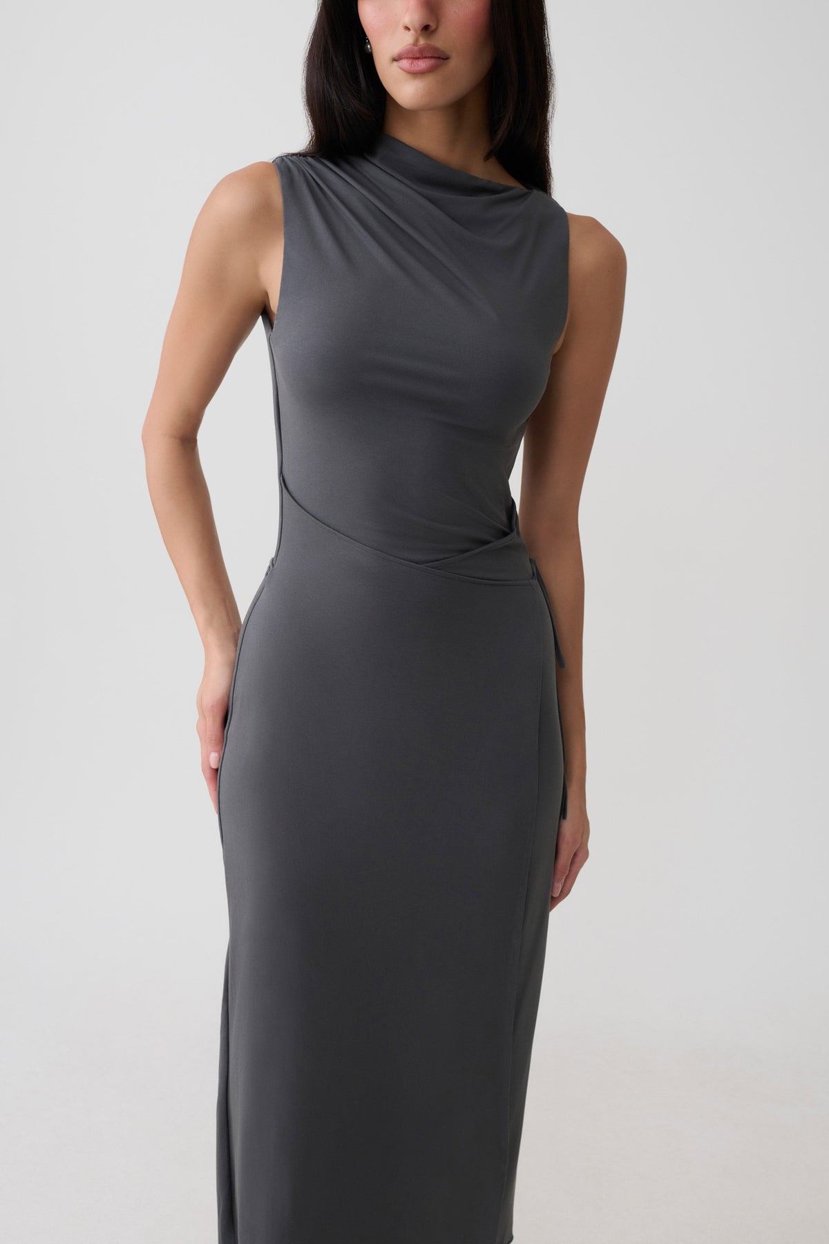 Euphemia Cupro Midi Wrap Dress - Charcoal
