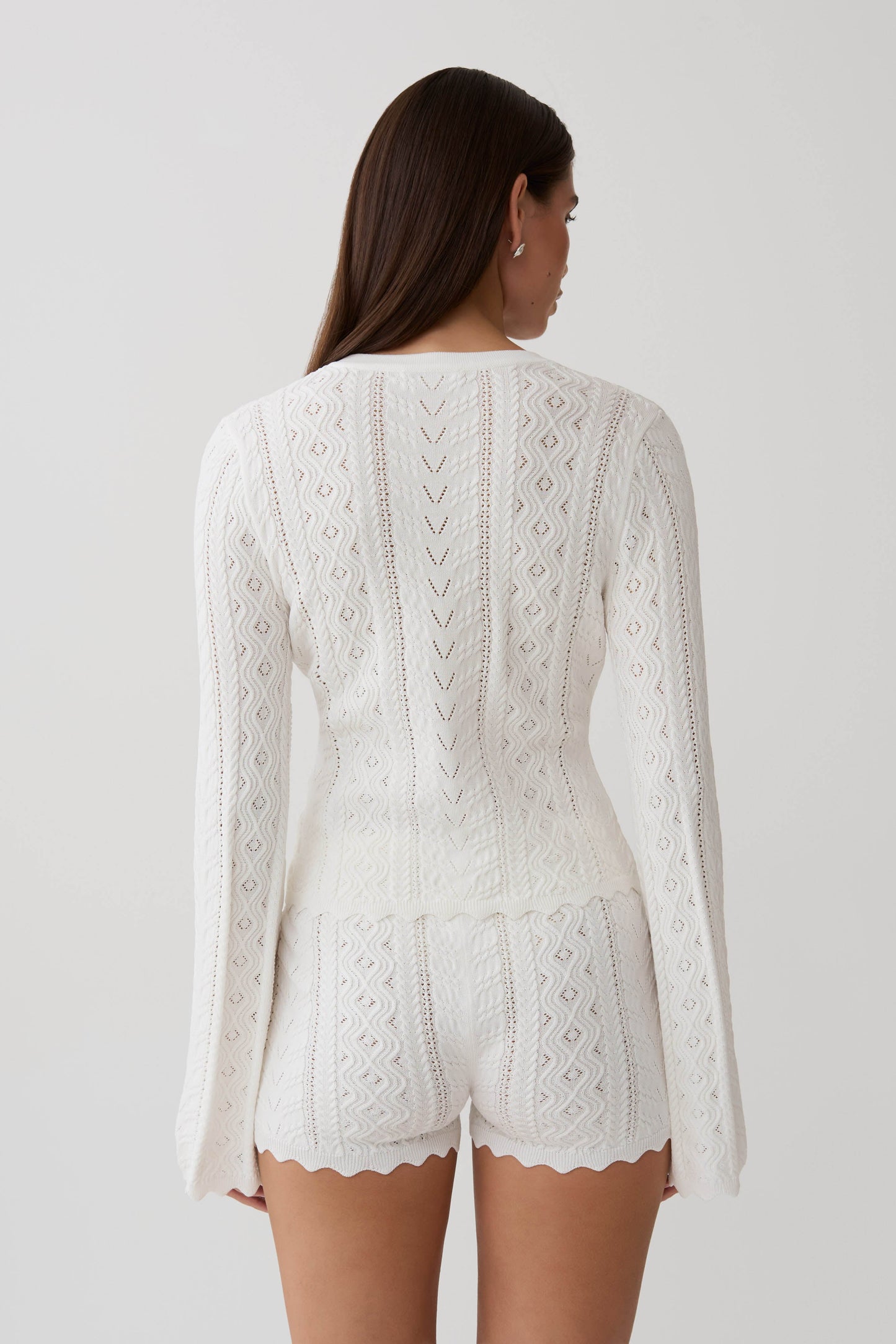 Darlene Pointelle Knit Long Sleeve Top - White