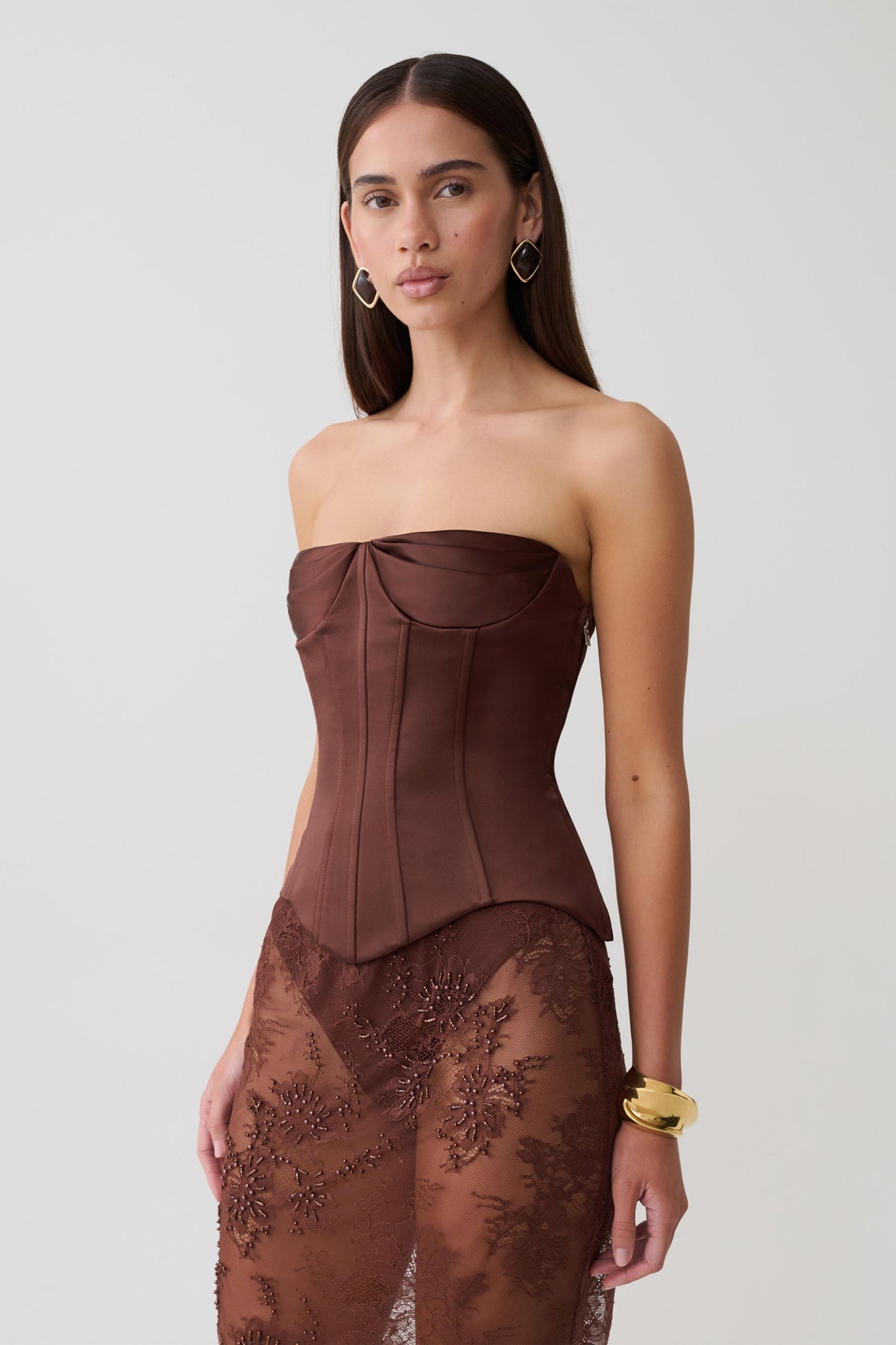 Nicolla Satin Strapless Corset - Dark Chocolate