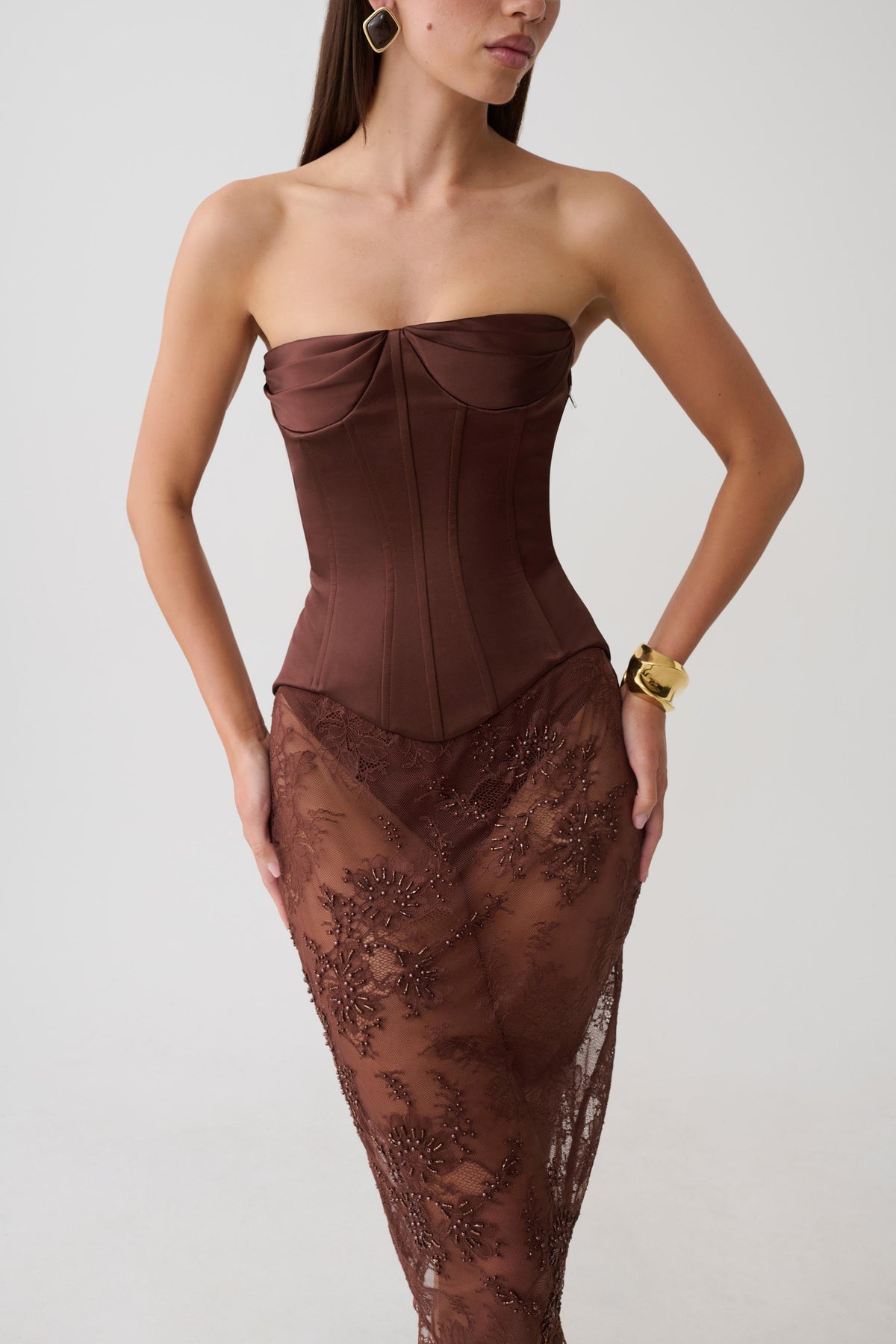 Nicolla Satin Strapless Corset - Dark Chocolate