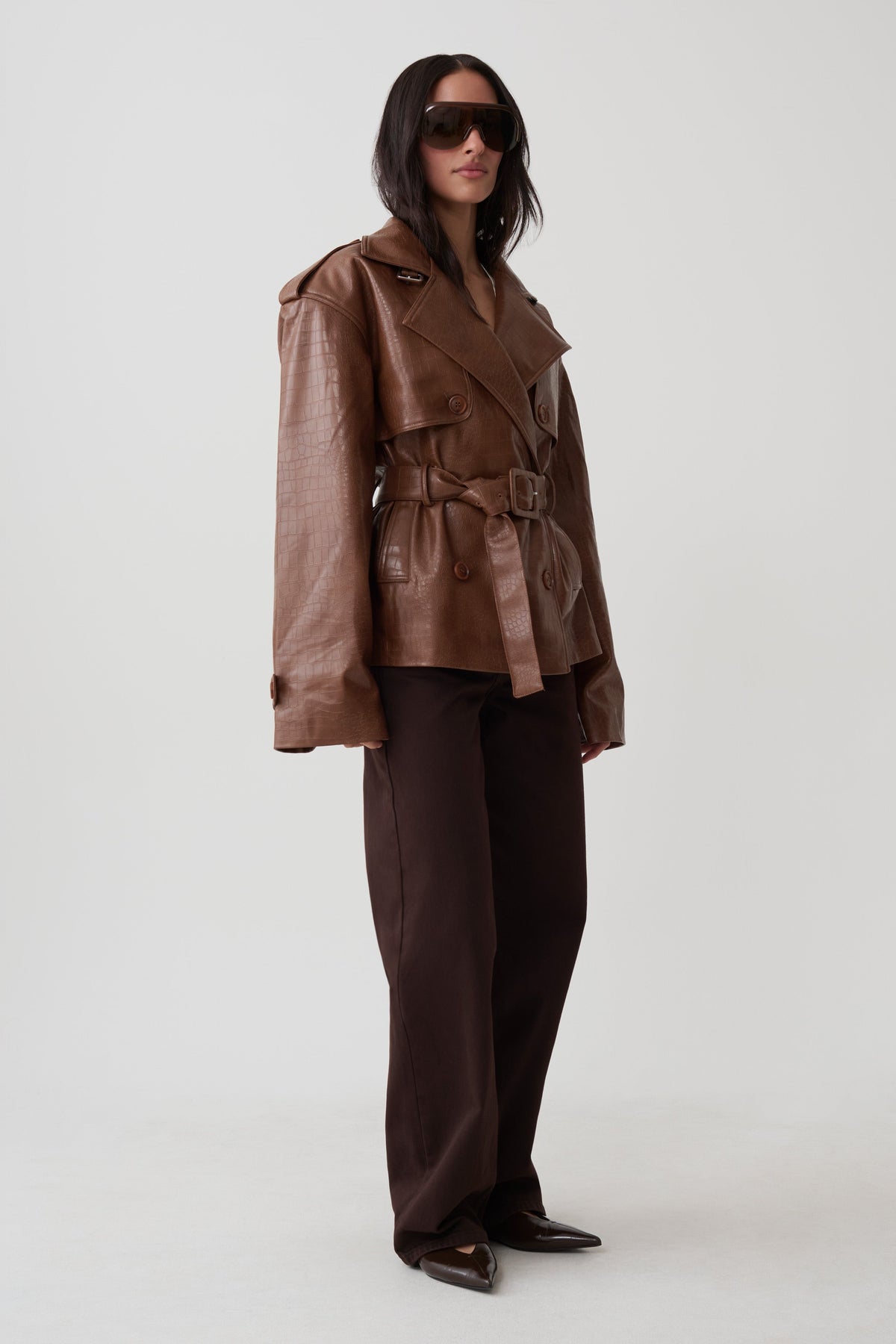 Jamie Funnel Neck Croc Faux Leather Trench - Cognac