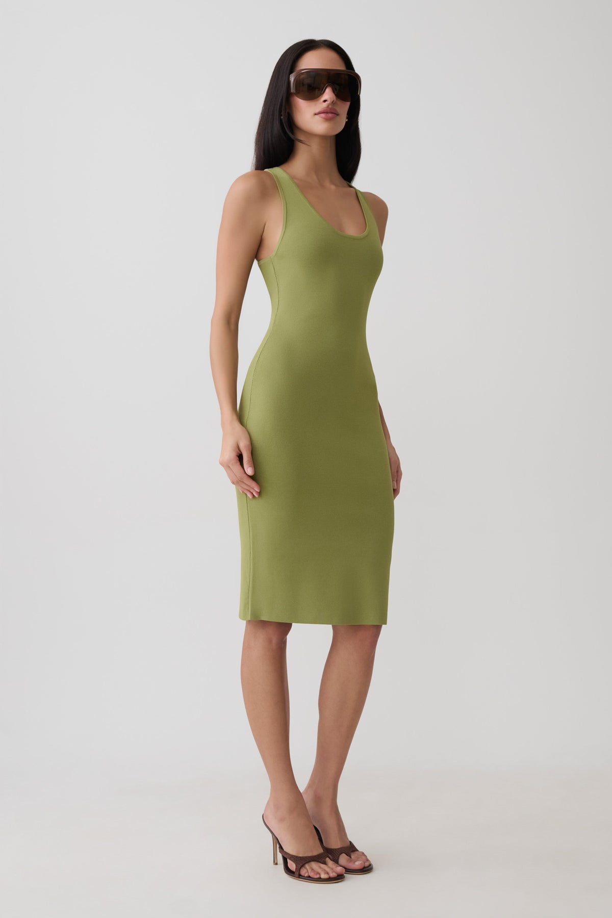 Leah Racer Back Knee Length Knit Dress - Olive