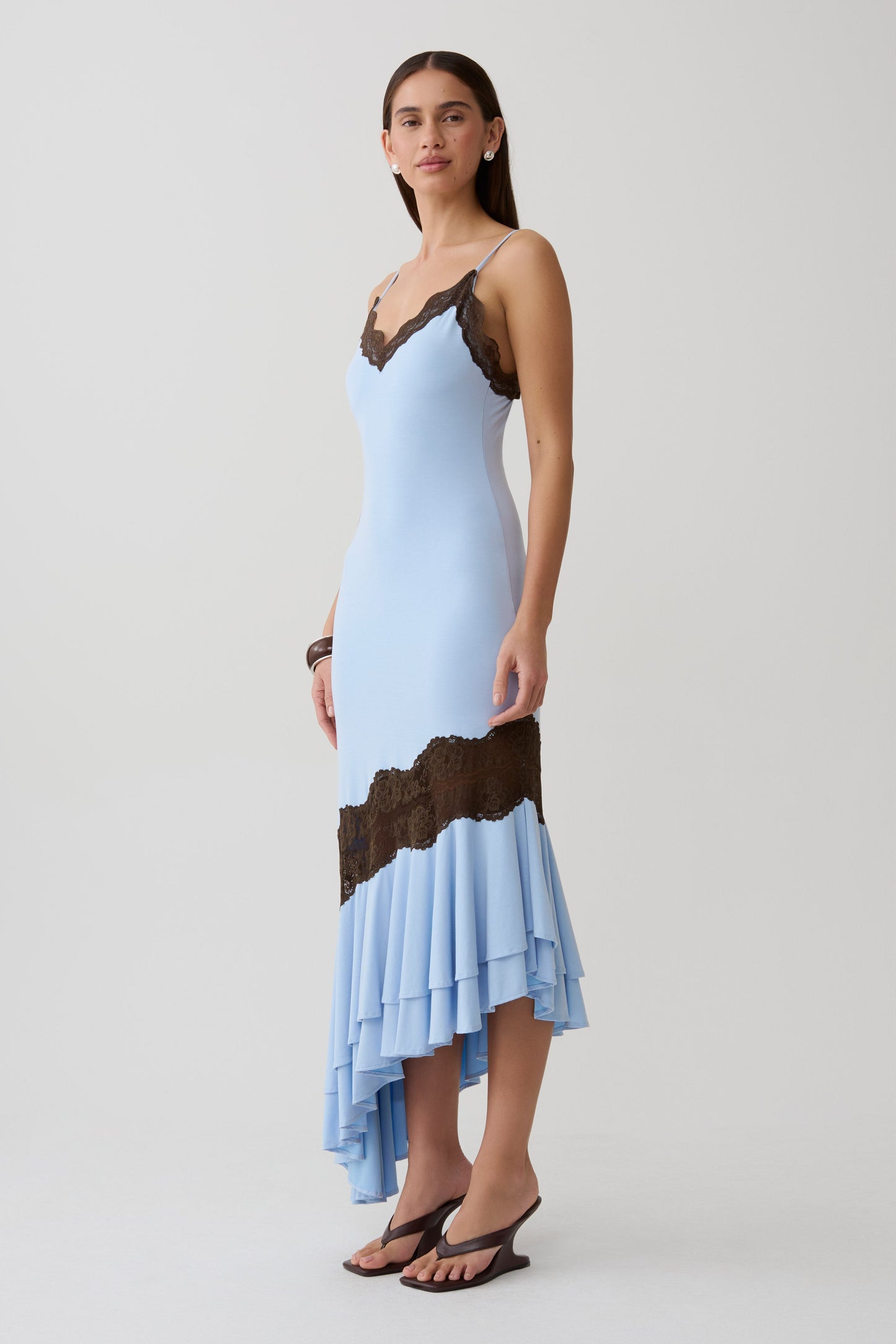 Annis Frilled Hem Lace Midi Dress - Cornflower/Chocolate