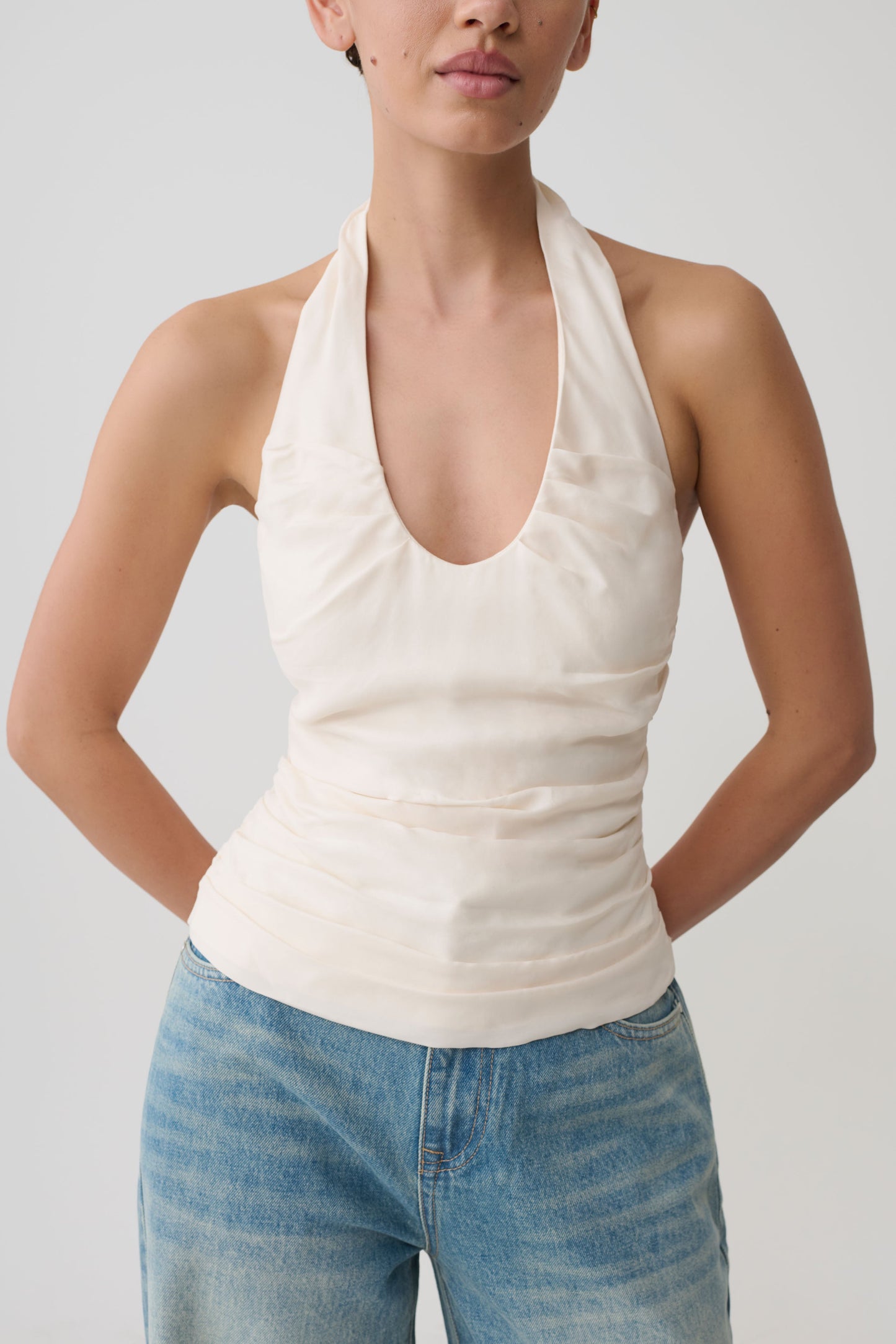 Daniela Ruched Halter Top - Ivory