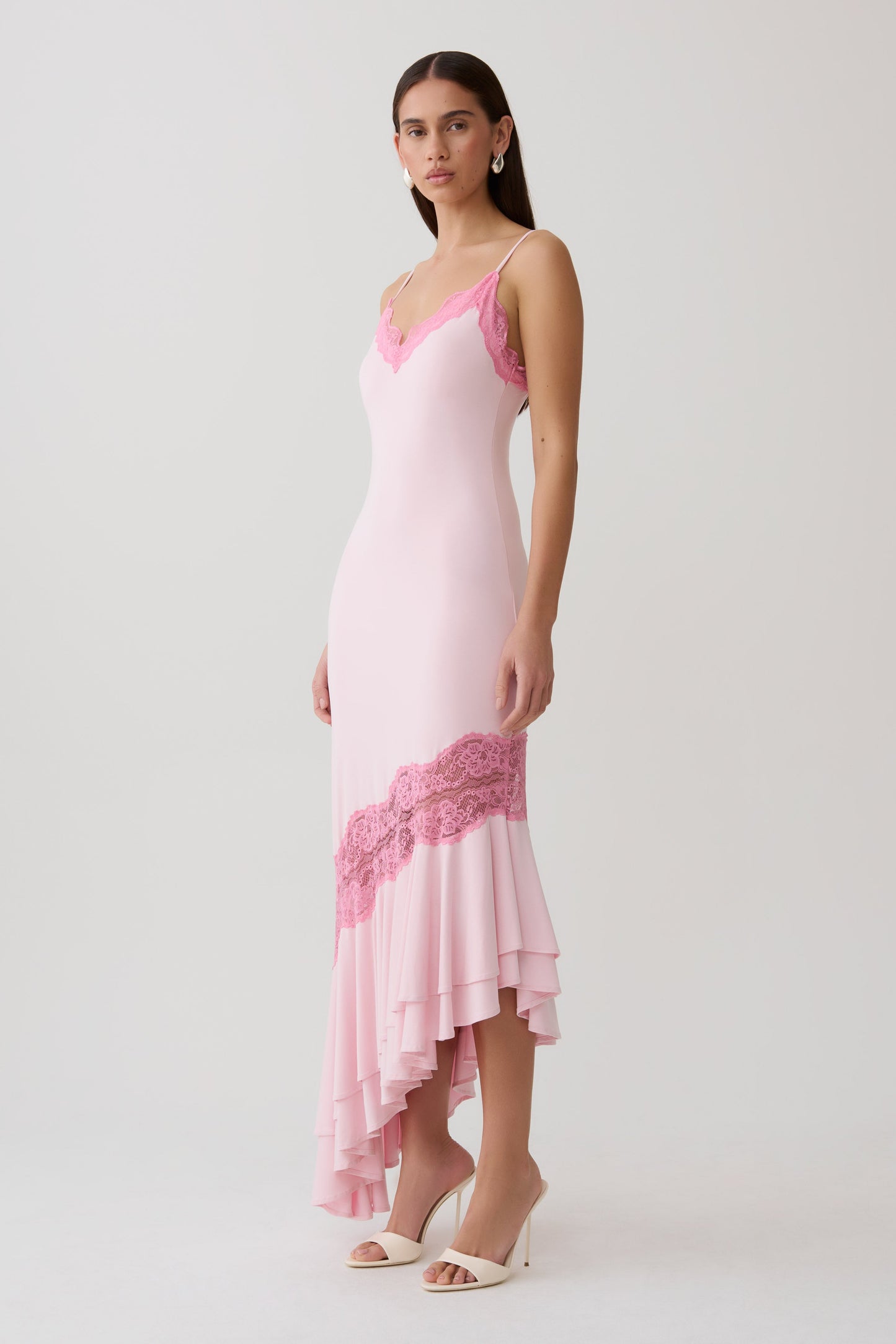Annis Frilled Hem Lace Midi Dress - Pink