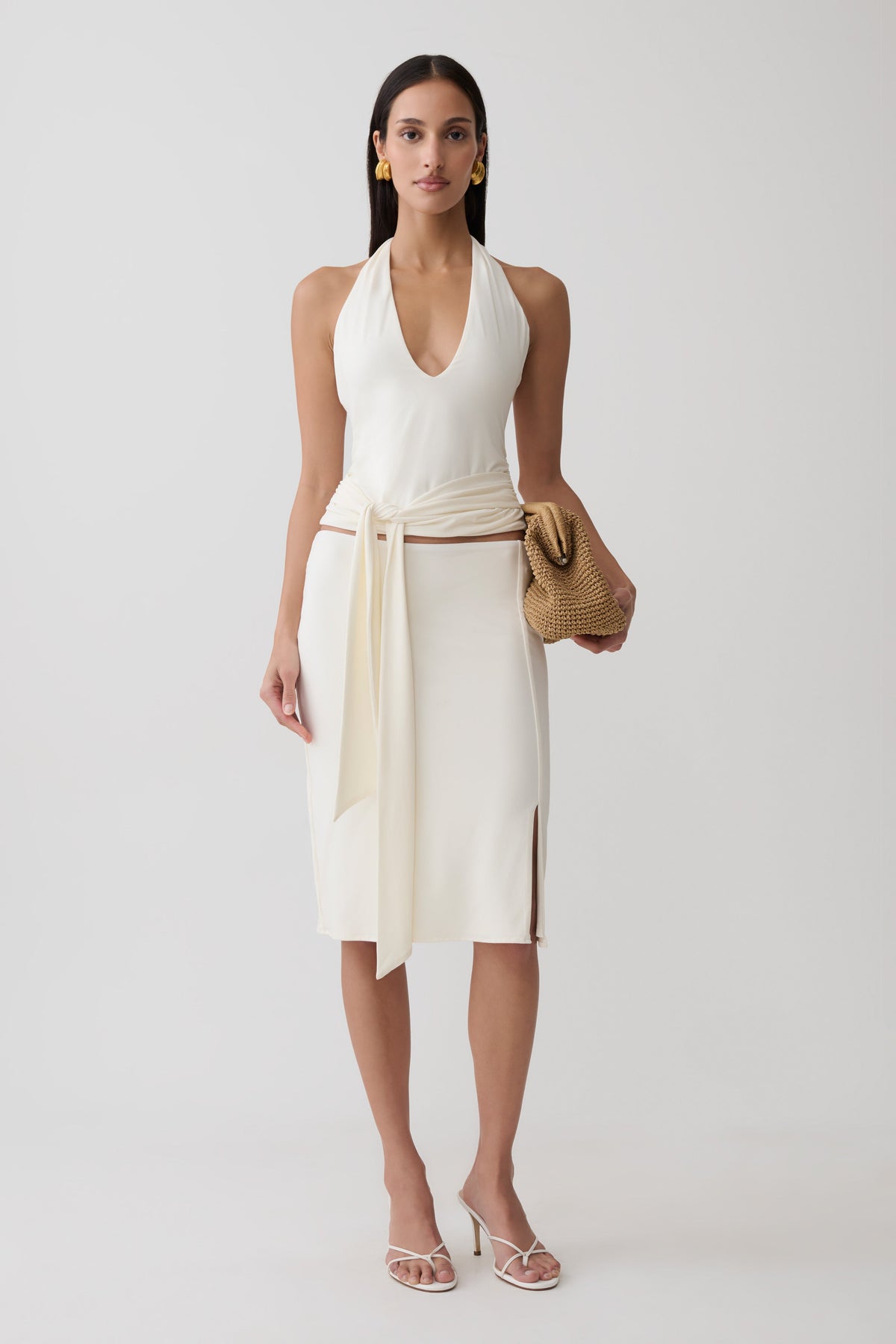 Elio Peached Jersey Midi Skirt - Ivory