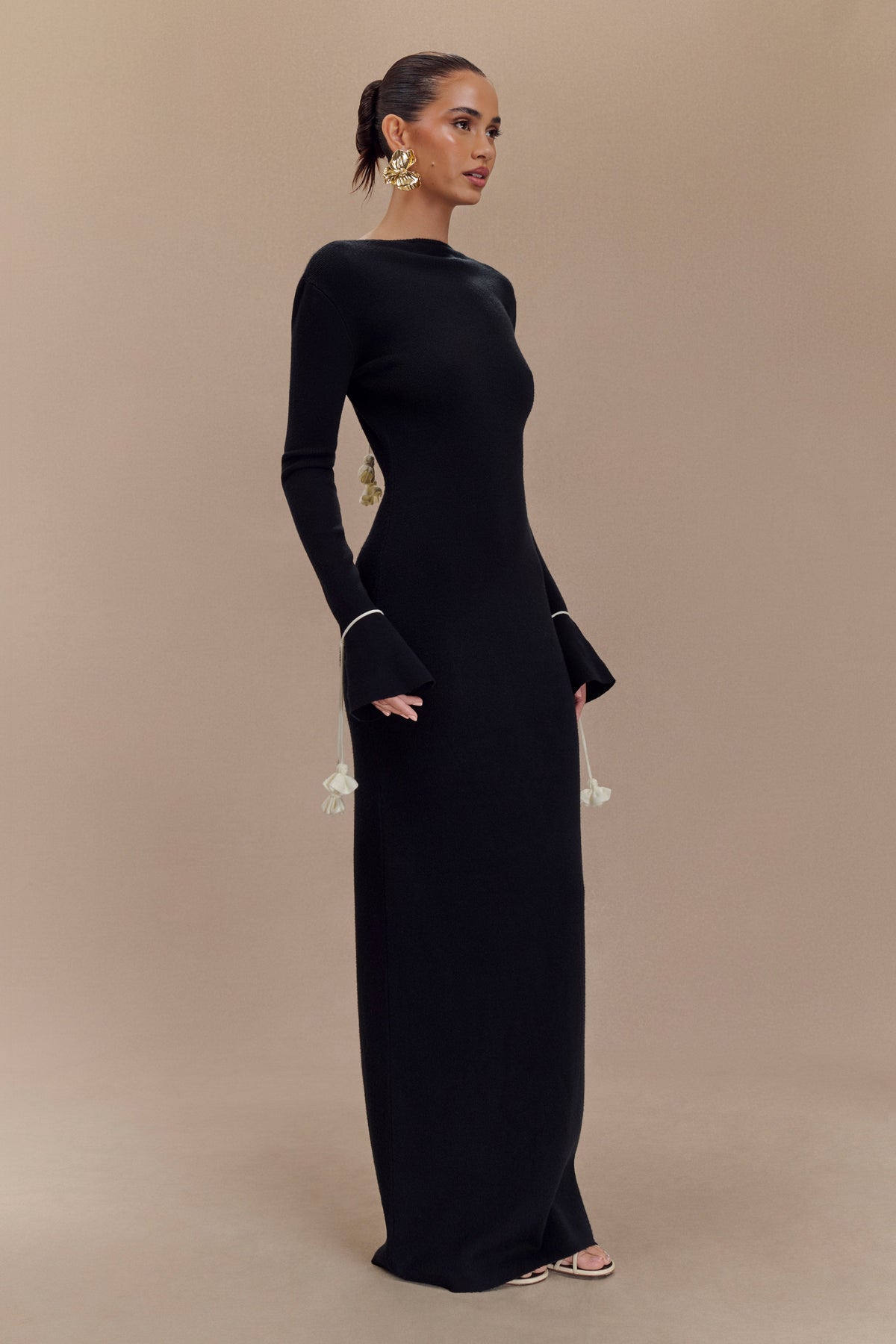 Erica Knit Maxi Dress With Floral Ties - Black And White