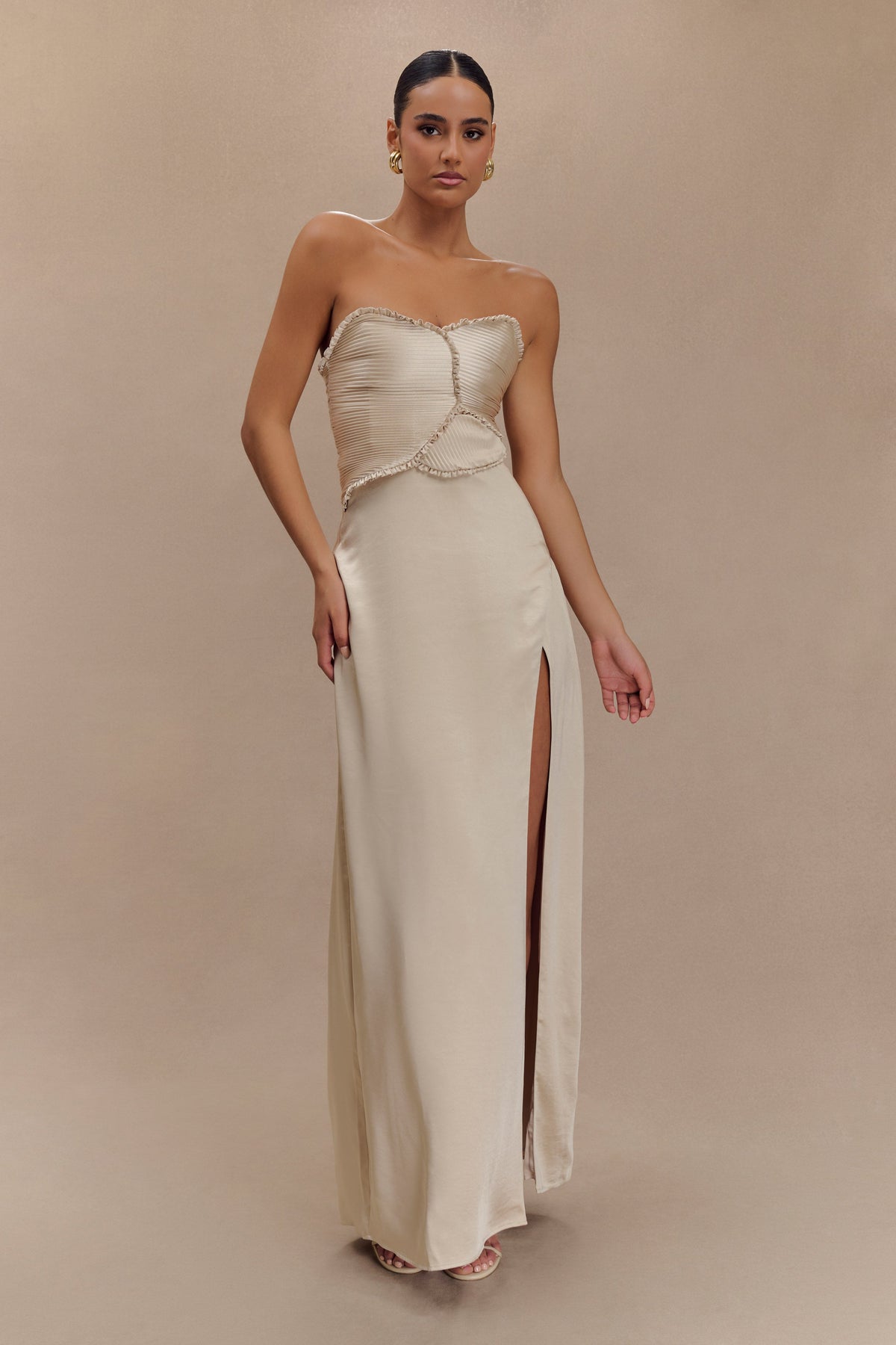 Larissa Satin Maxi Dress With Ruched Petals - Blush Gold