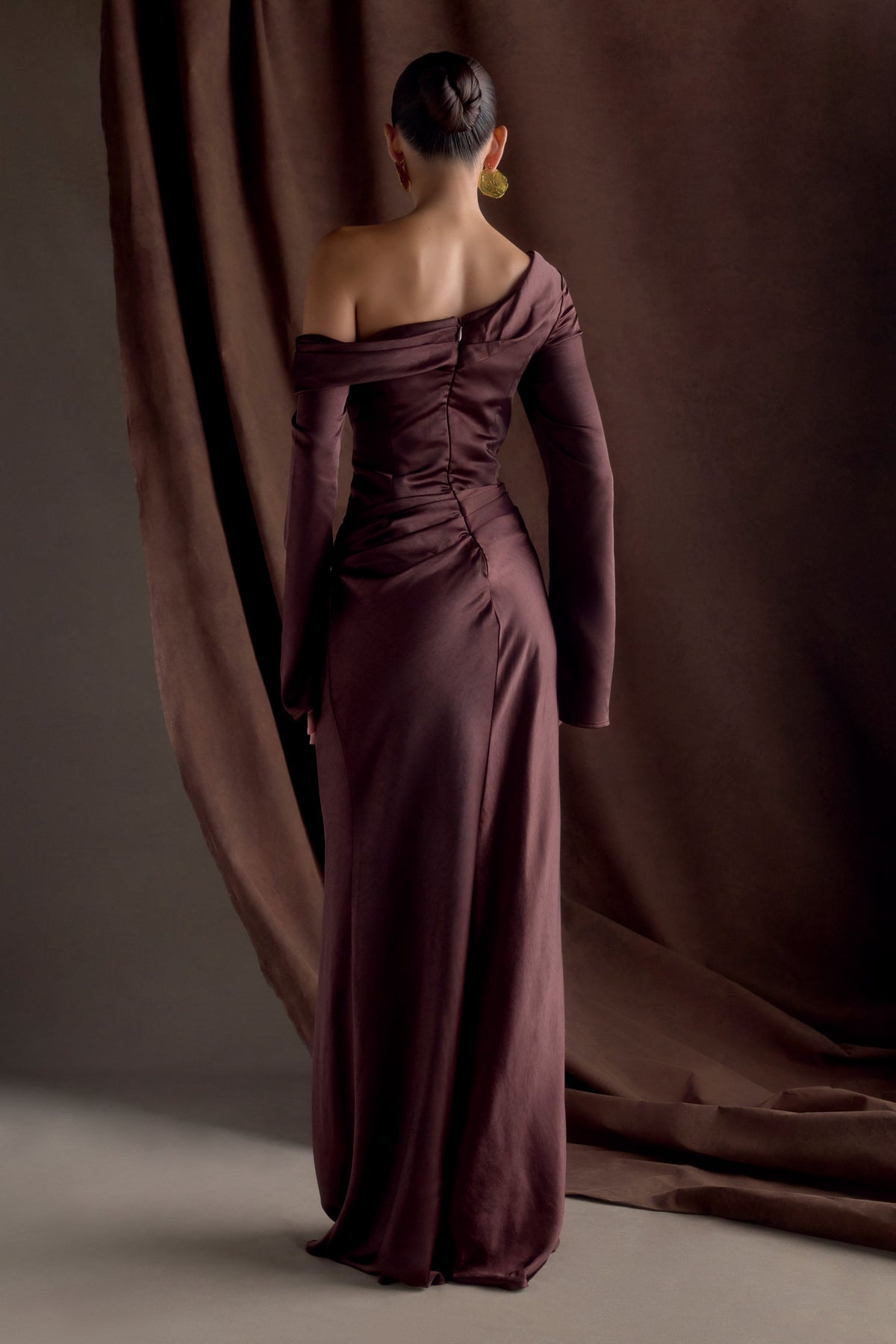 Iris Long Sleeve Satin Maxi Dress - Dark Chocolate