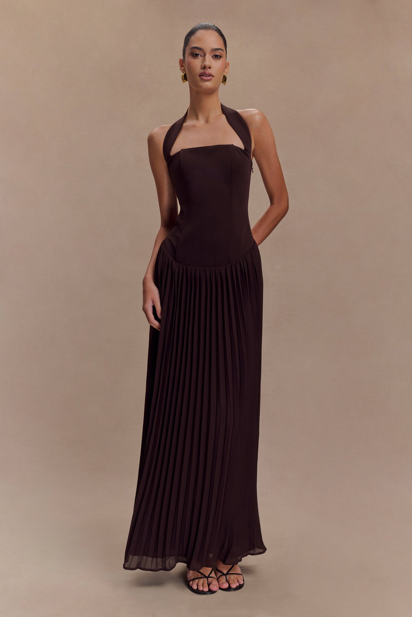 Stacie Pleated Halter Maxi Dress - Cacao