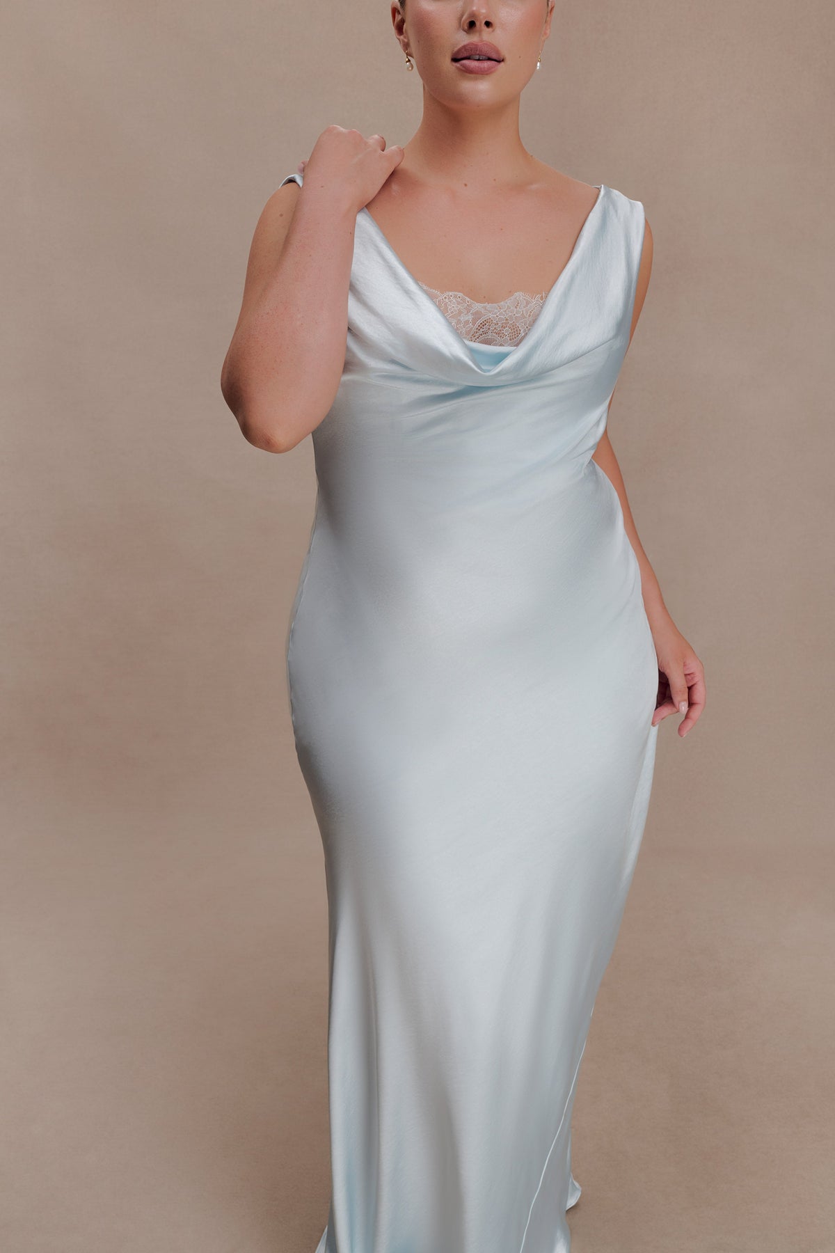 Ashley Cowl Neck Lace And Satin Maxi Dress - Ice Blue