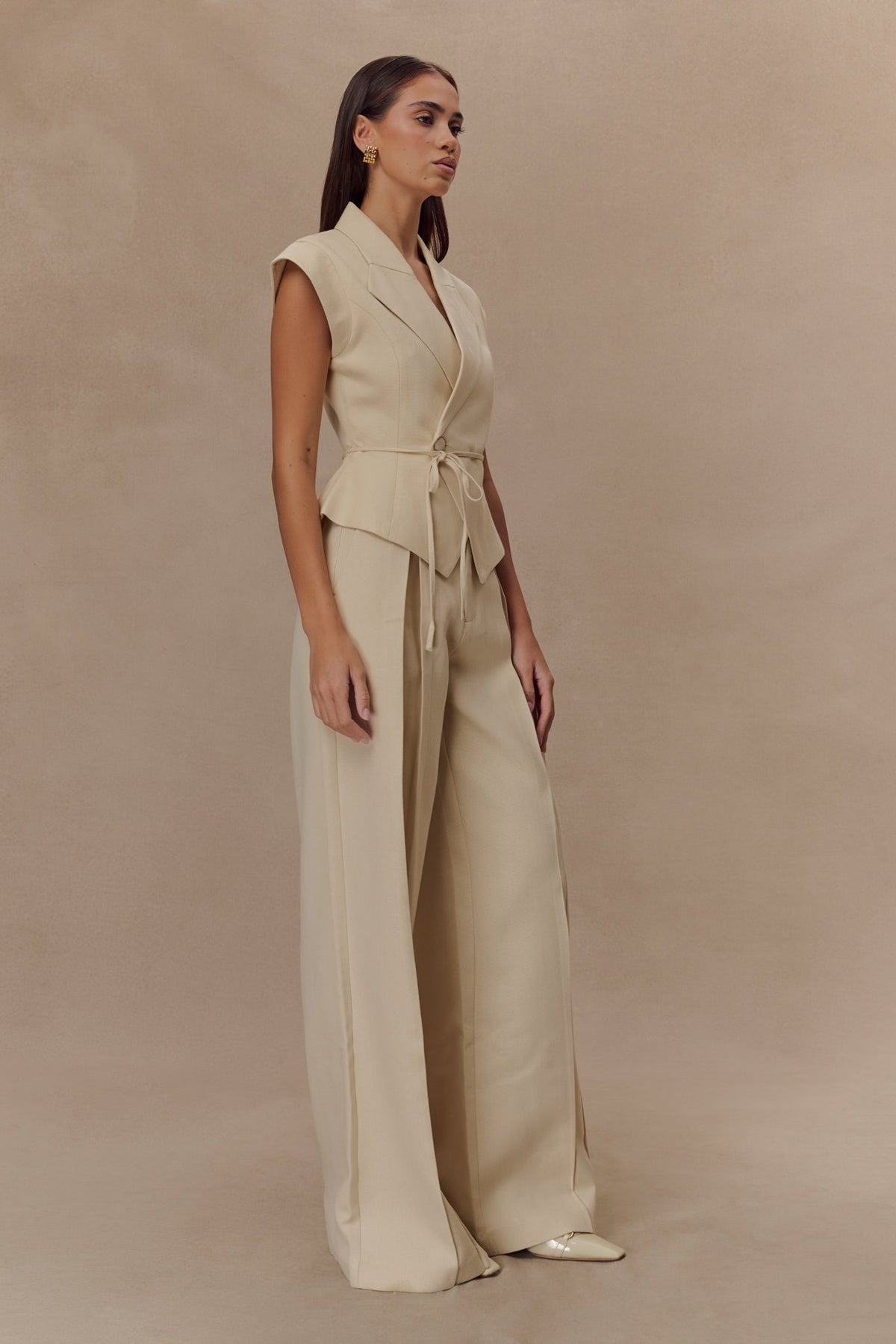 Raya Mid Rise Wide Leg Linen Pant - Natural Beige