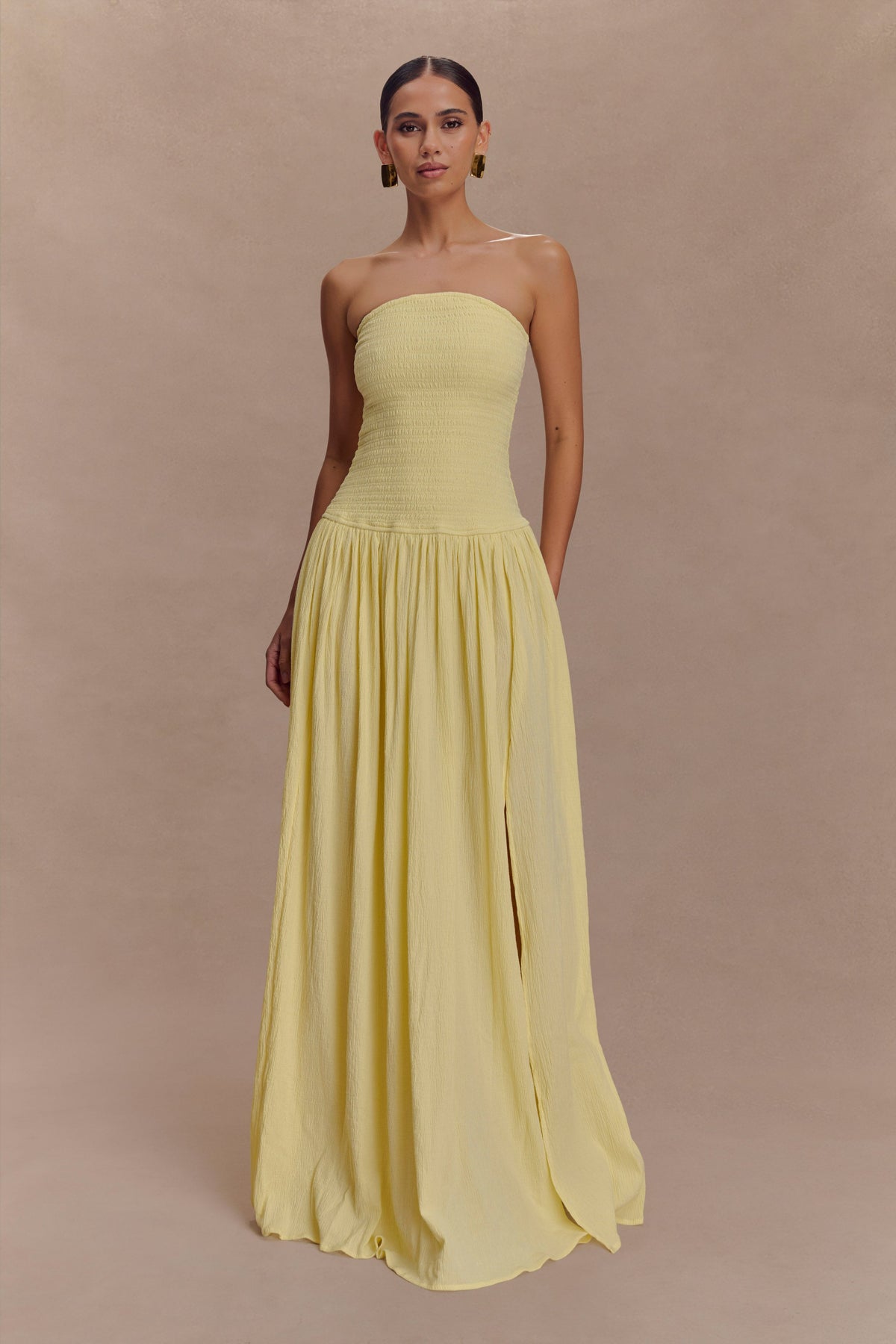 Maureen Cotton Shirring Maxi Dress - Lemon