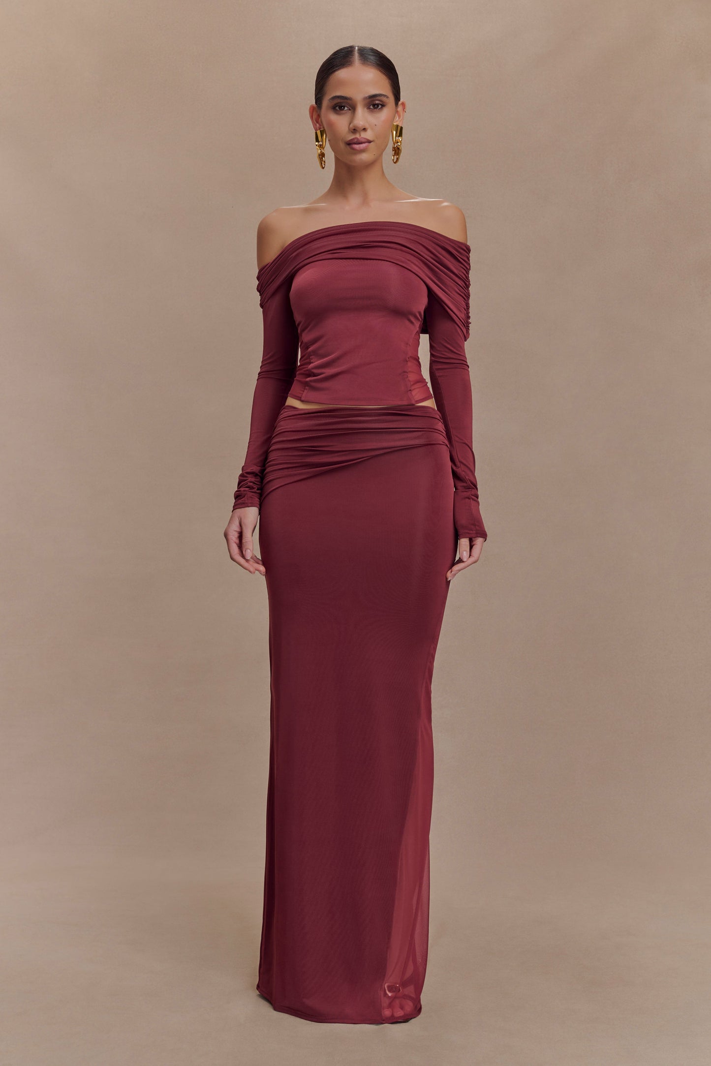 Judy Slinky And Mesh Maxi Skirt - Wine