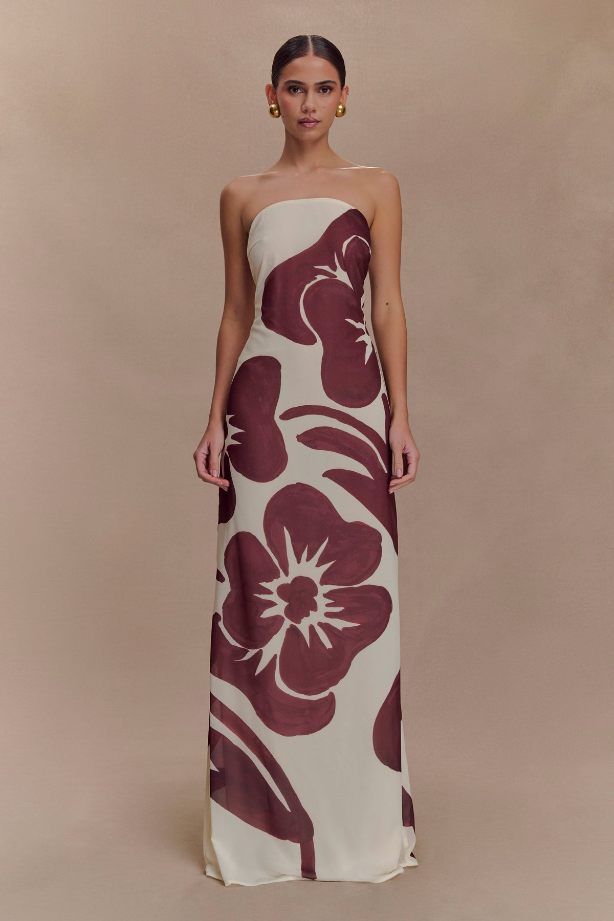 Amaya Strapless Chiffon Maxi Dress - Brown Deco Fleur Print