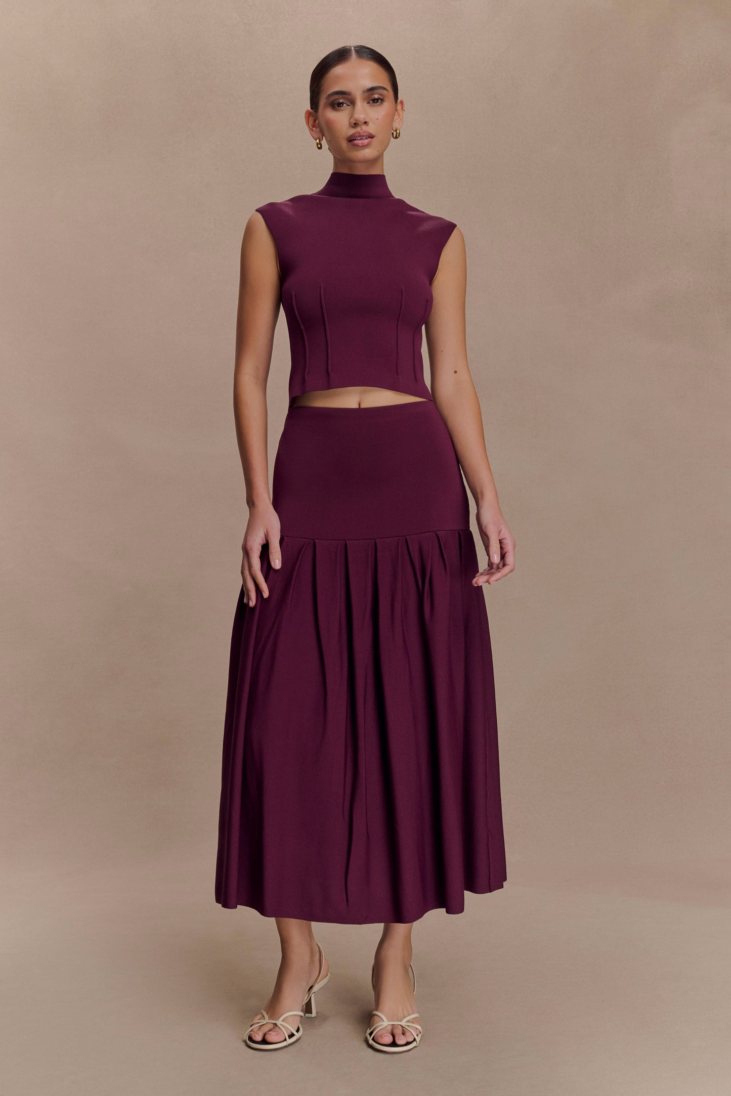 Romaine High Neck Bandage Knit Top - Wine