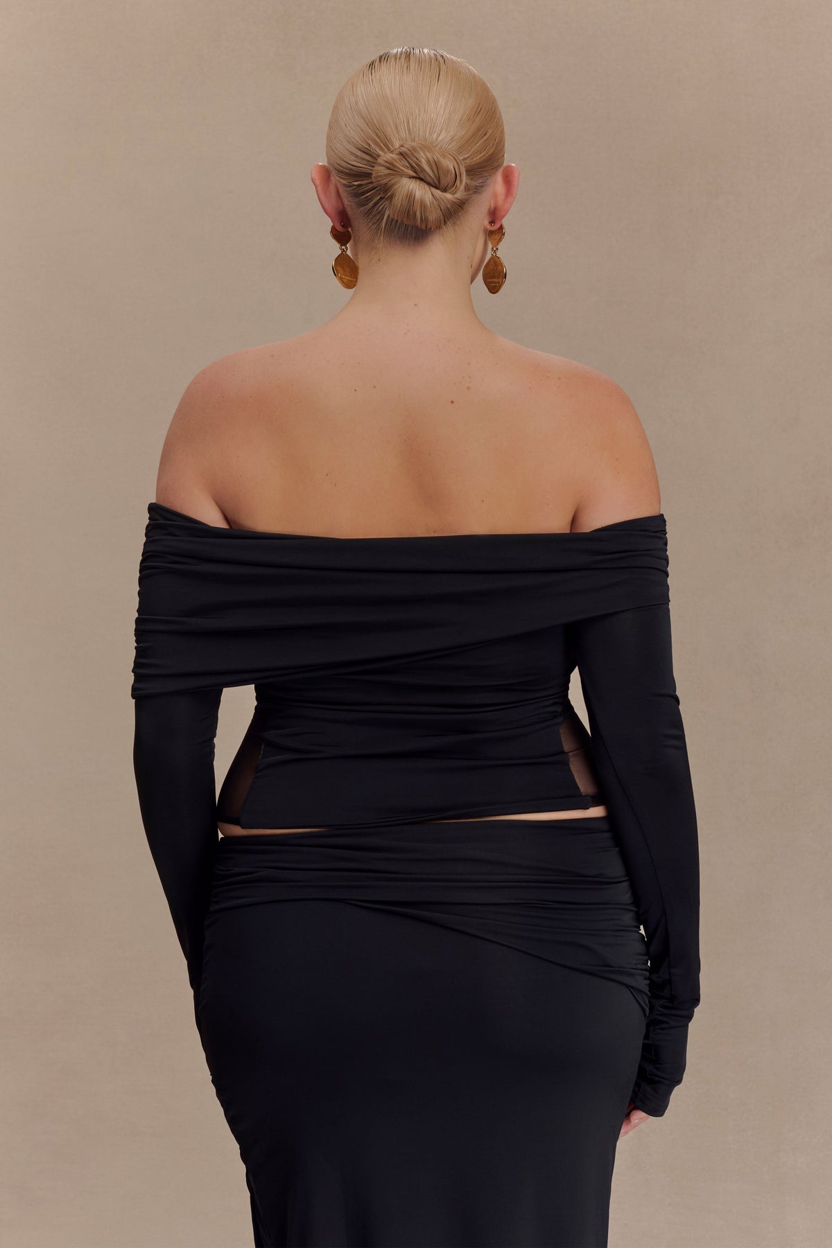Judy Slinky And Mesh Off Shoulder Top - Black