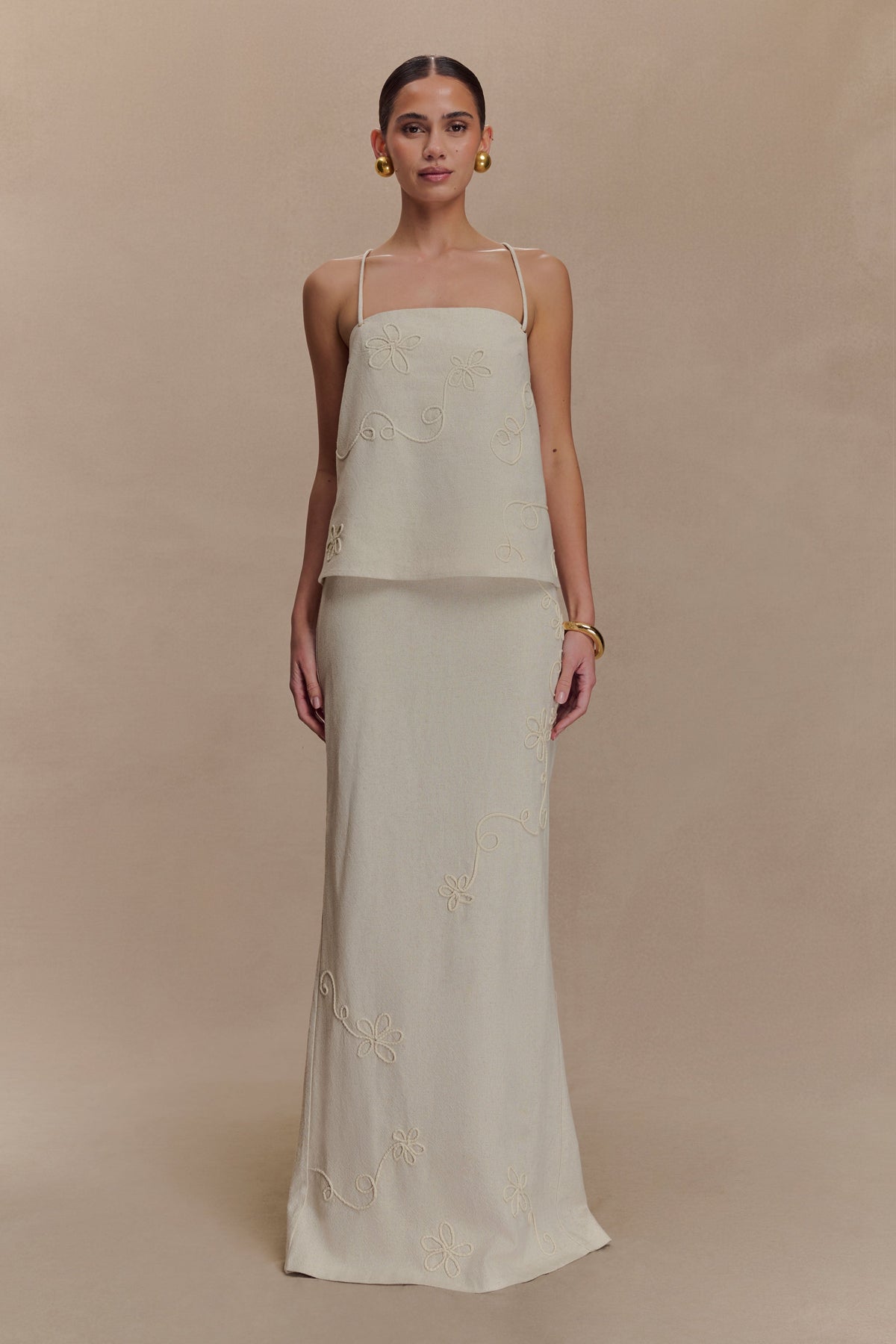 Casey Linen Embroidered Maxi Skirt - Natural