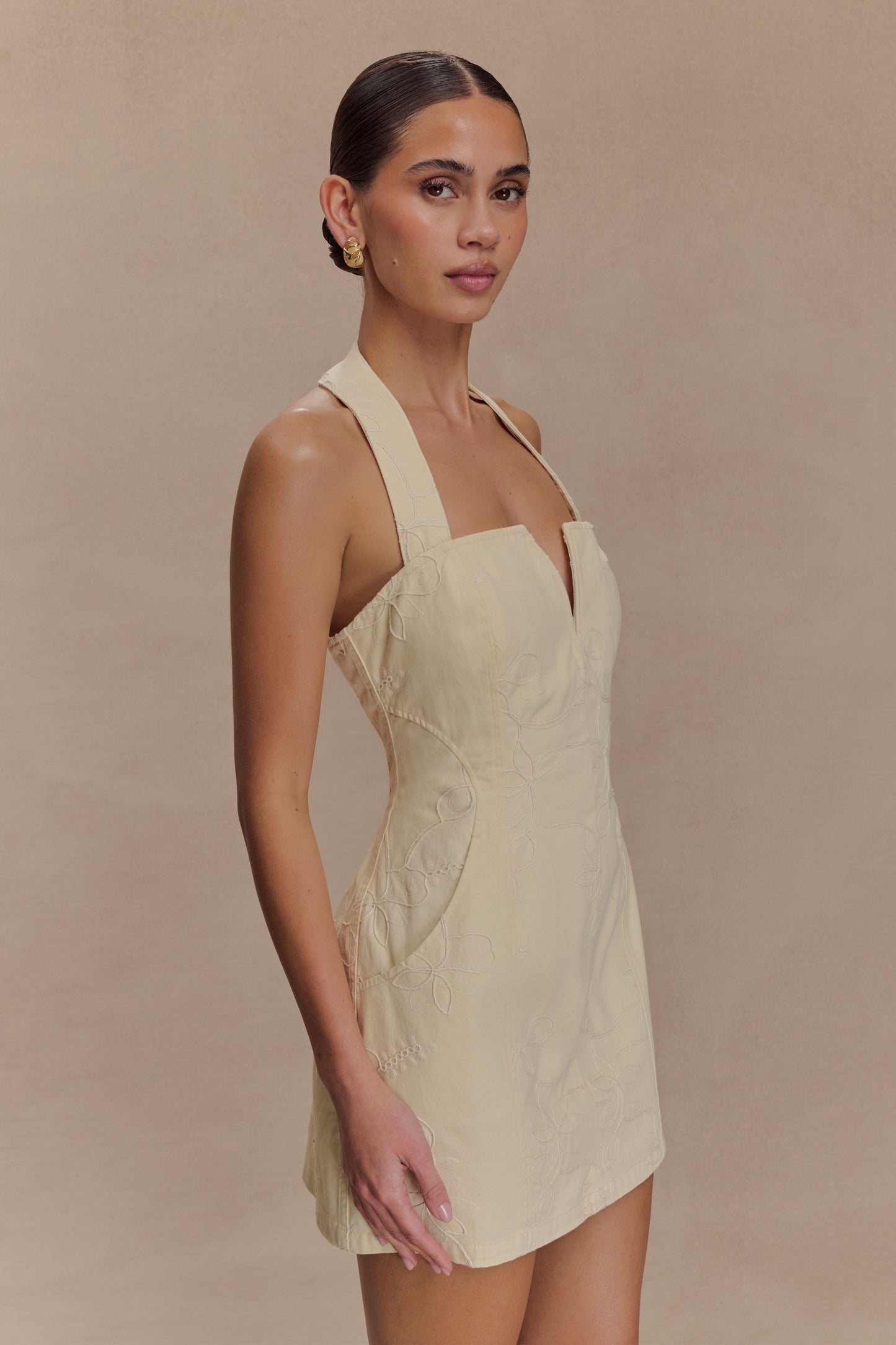 Ebony Embroidered Denim Mini Dress - Cream