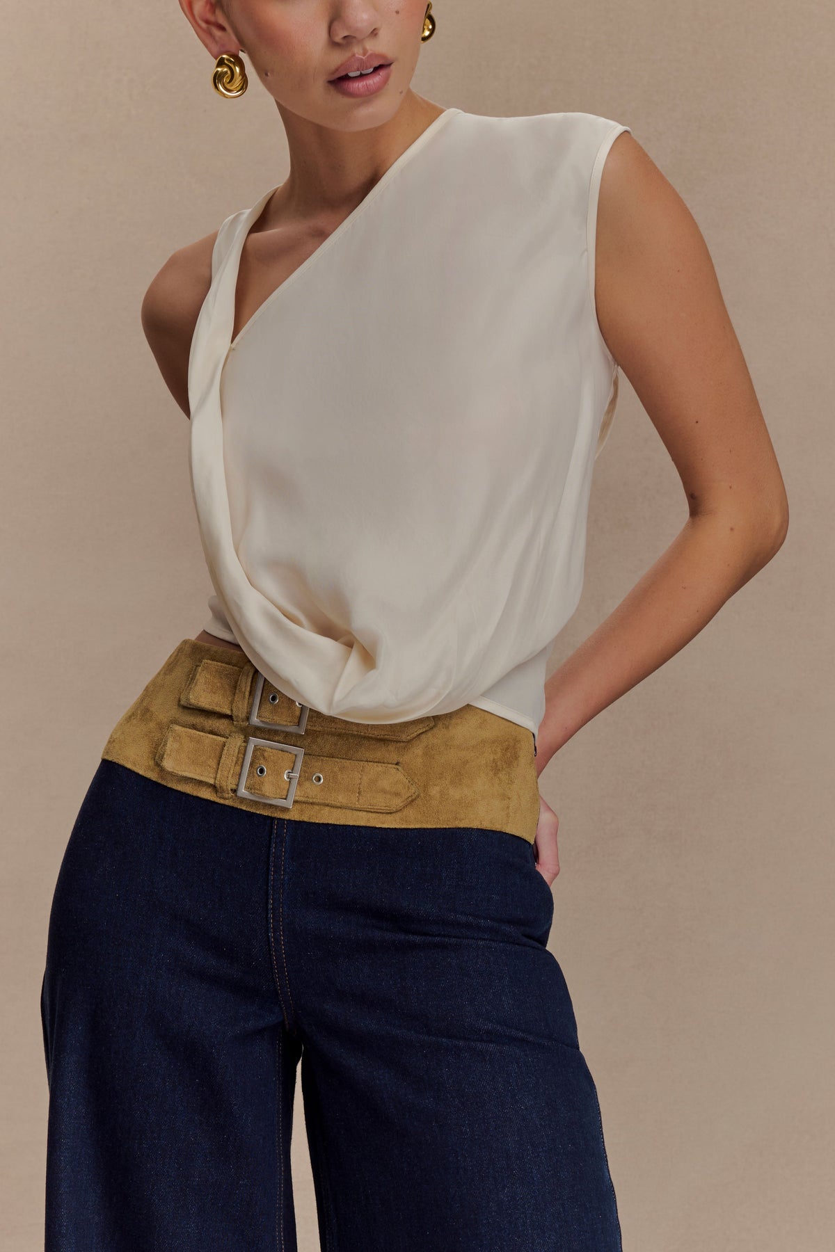 Miranda Faux Suede Belted Denim Wide Leg Jeans - Indigo Blue