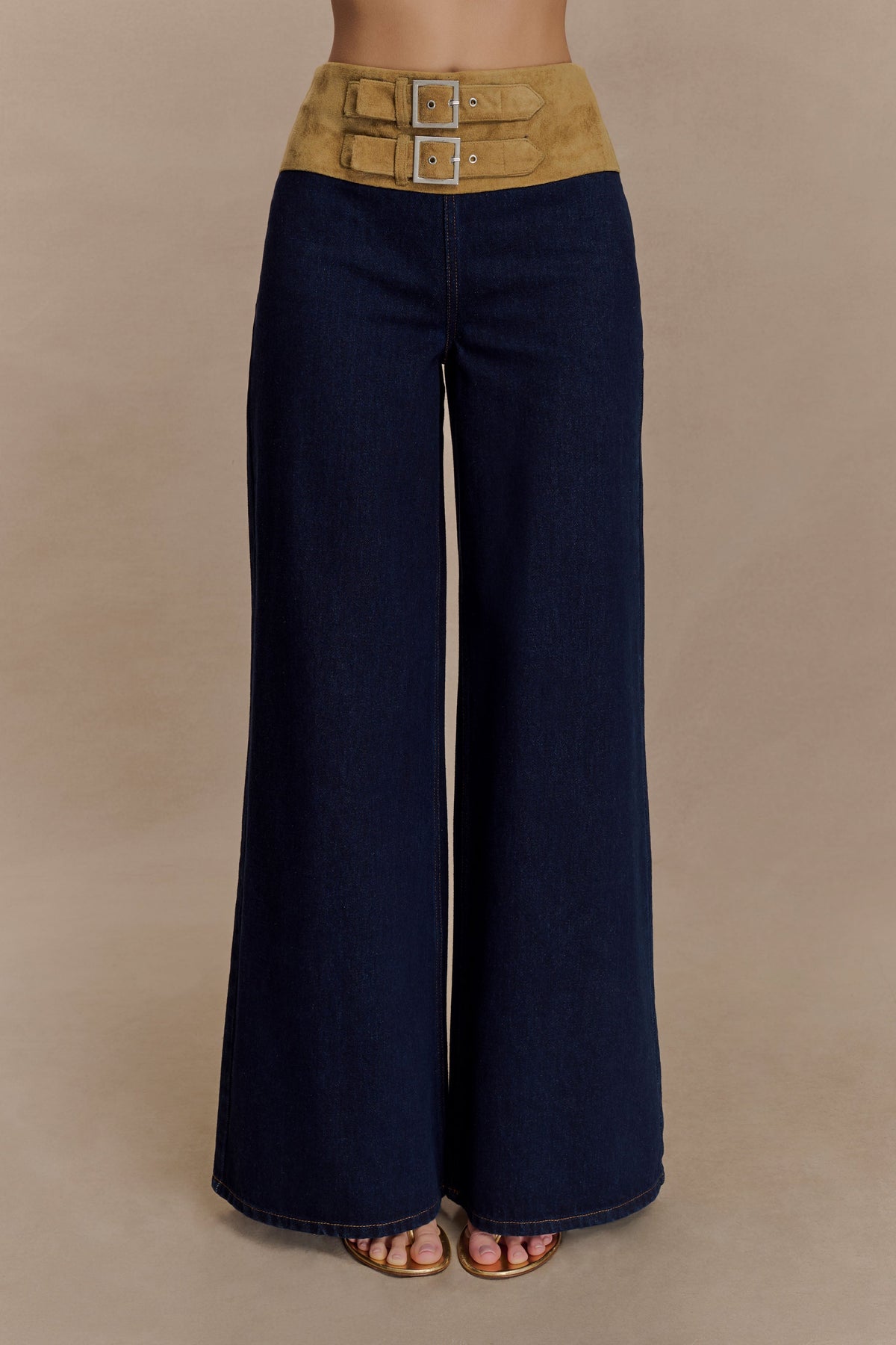 Miranda Faux Suede Belted Denim Wide Leg Jeans - Indigo Blue