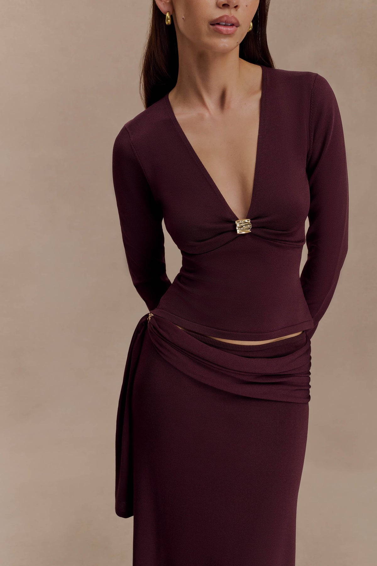 Miraby Front Ruched Knit Long Sleeve Top - Dark Chocolate