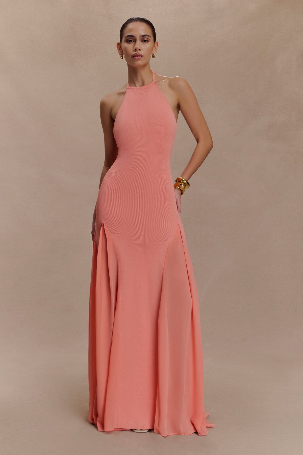 Soleil Knit And Mesh Halter Maxi Dress - Coral