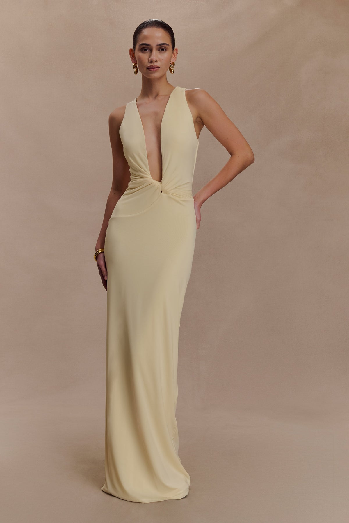Stella Draped Slinky Maxi Dress - Pale Lemon