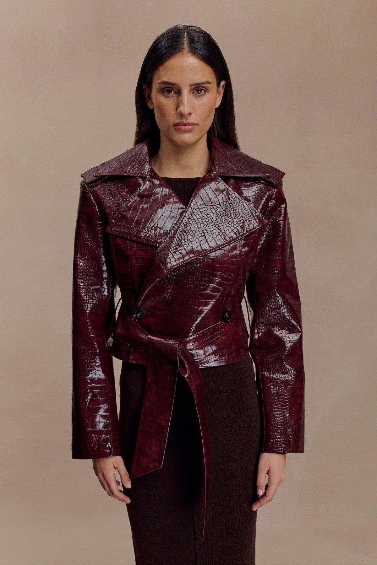 Archie Croc Faux Leather Cropped Jacket - Burgundy