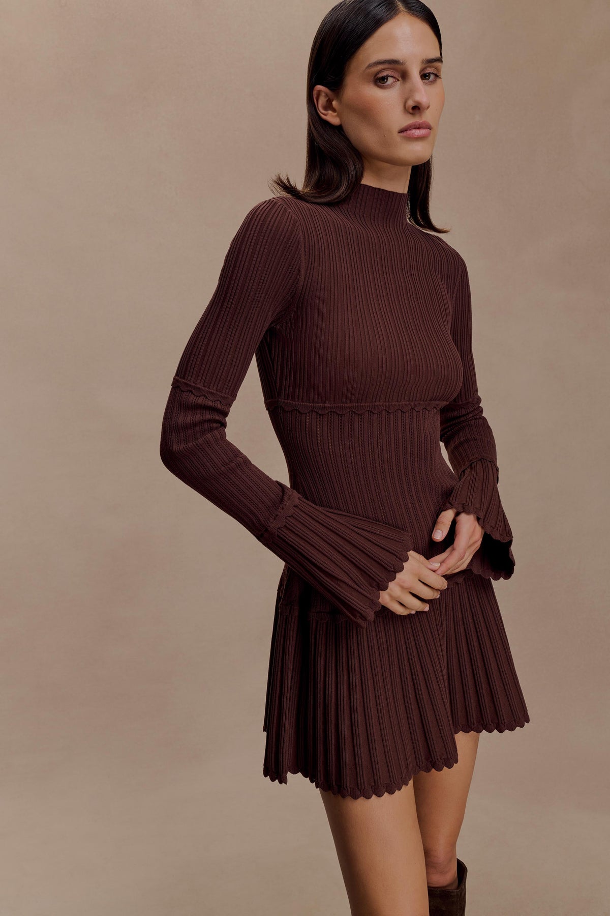 Adena Pointelle Knit Mini Dress - Chocolate