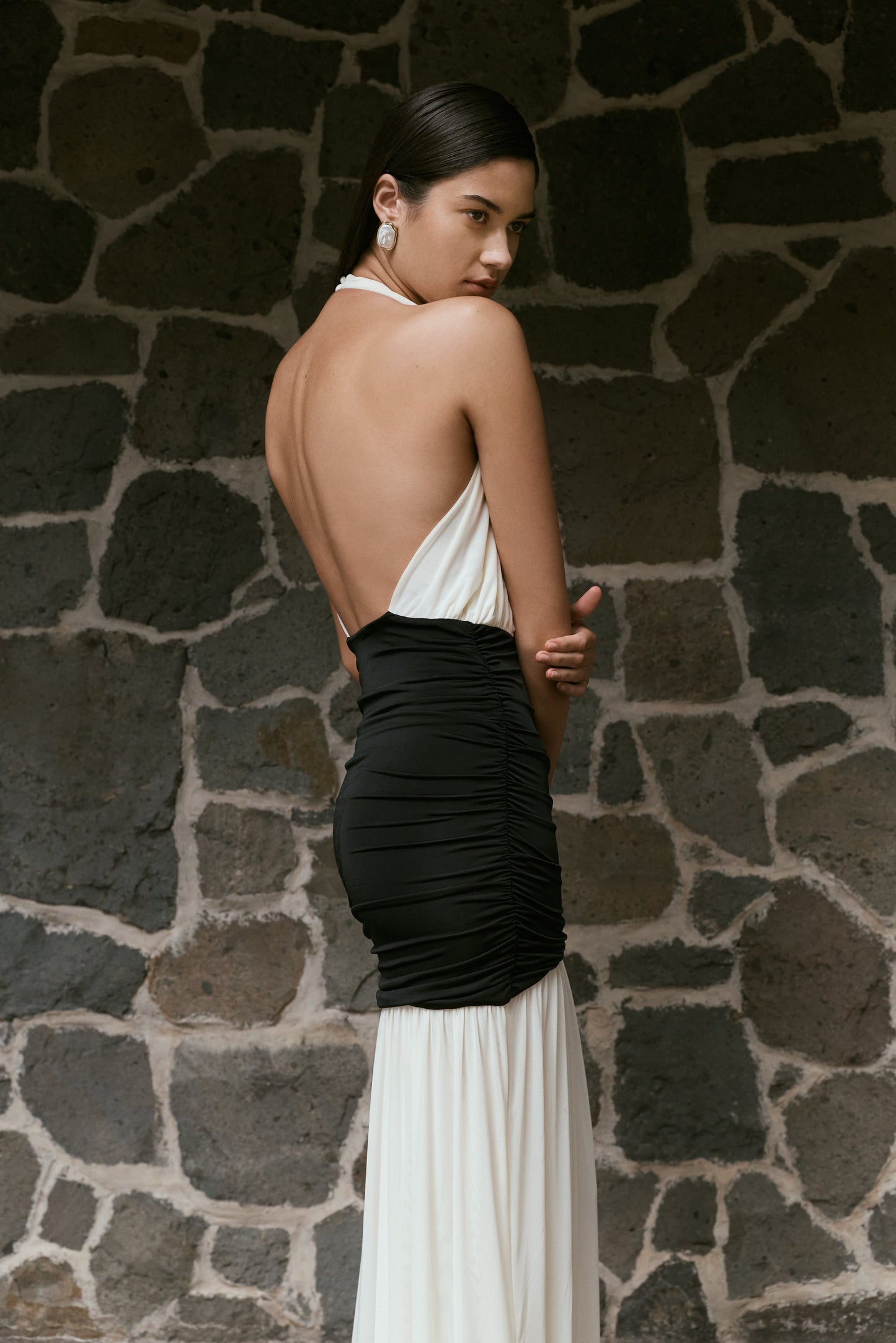 Hailee Slinky And Mesh Halter Maxi Dress - Black/White