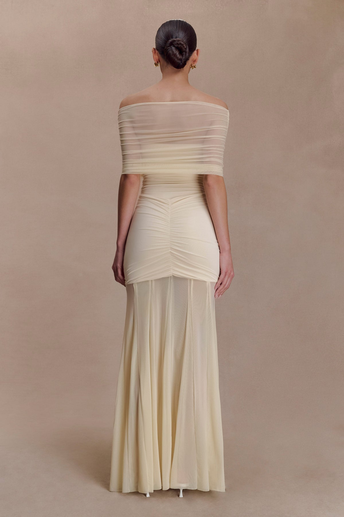 Caspian Slinky And Mesh Off Shoulder Maxi Dress - Ivory