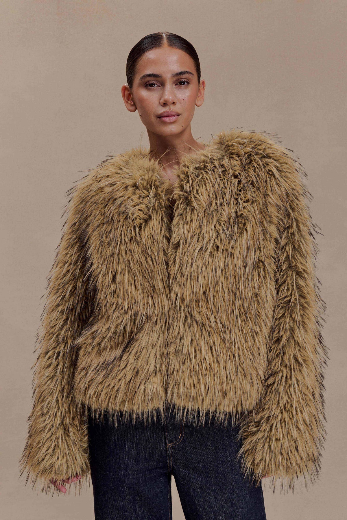Ottie Faux Fur Cropped Jacket - Brown Multi