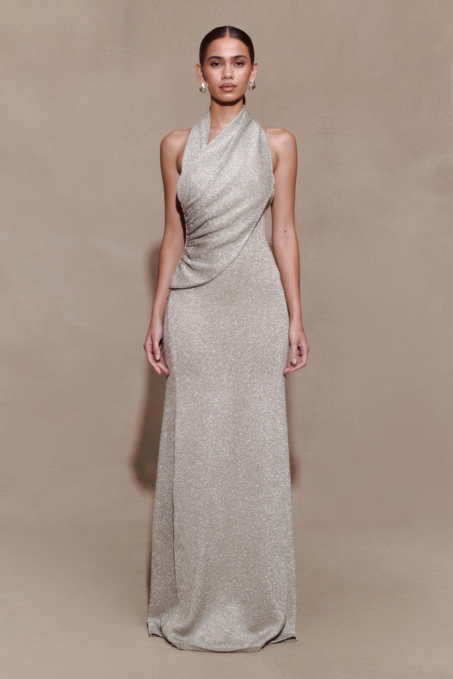 Elma Lurex Knit Halter Maxi Dress - Silver