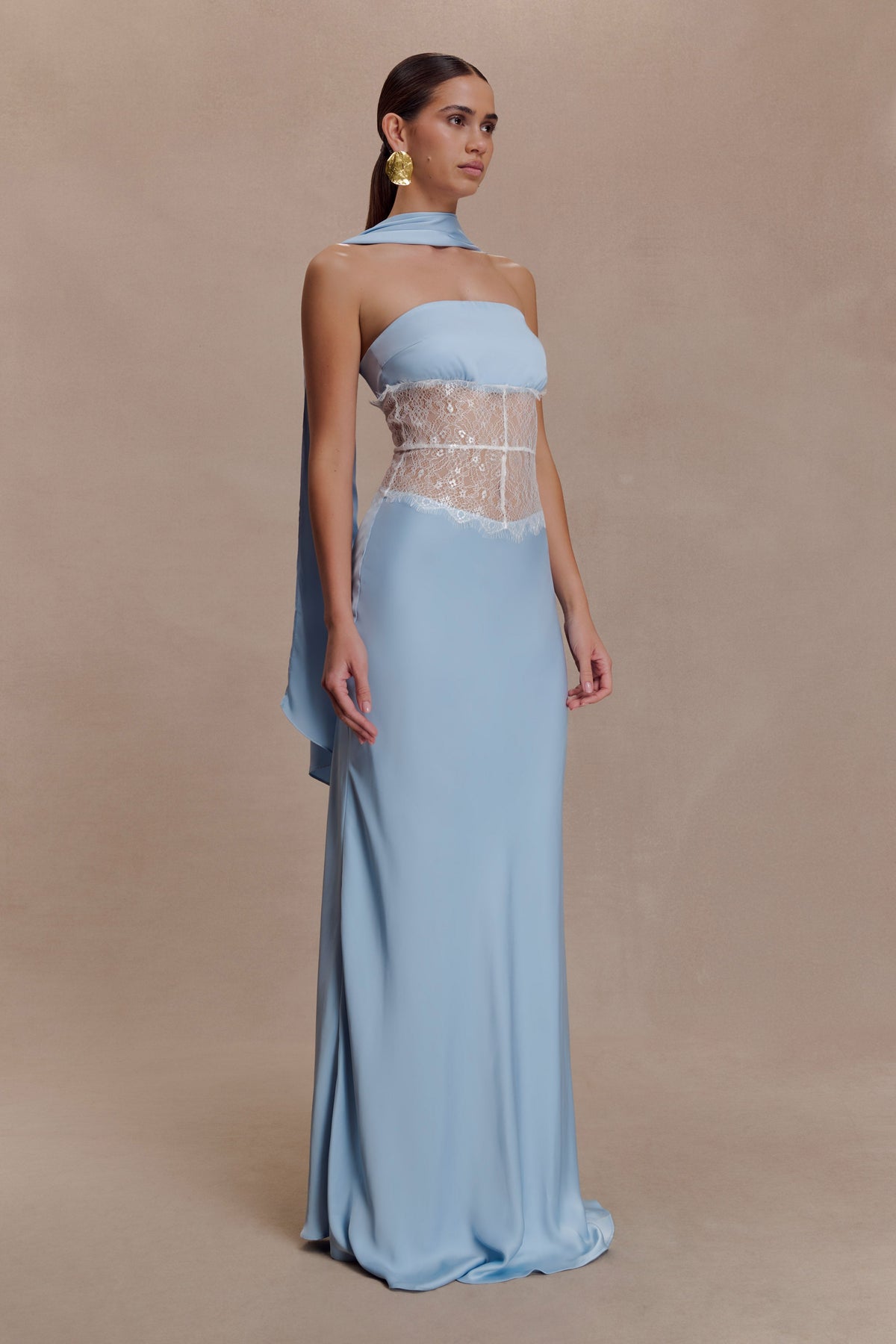 Pilar Strapless Satin And Lace Maxi Dress - Cornflower Blue
