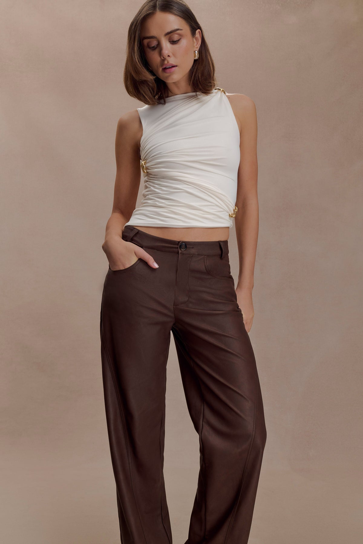 Amia Slinky Sleeveless Top With Hardware - Ivory