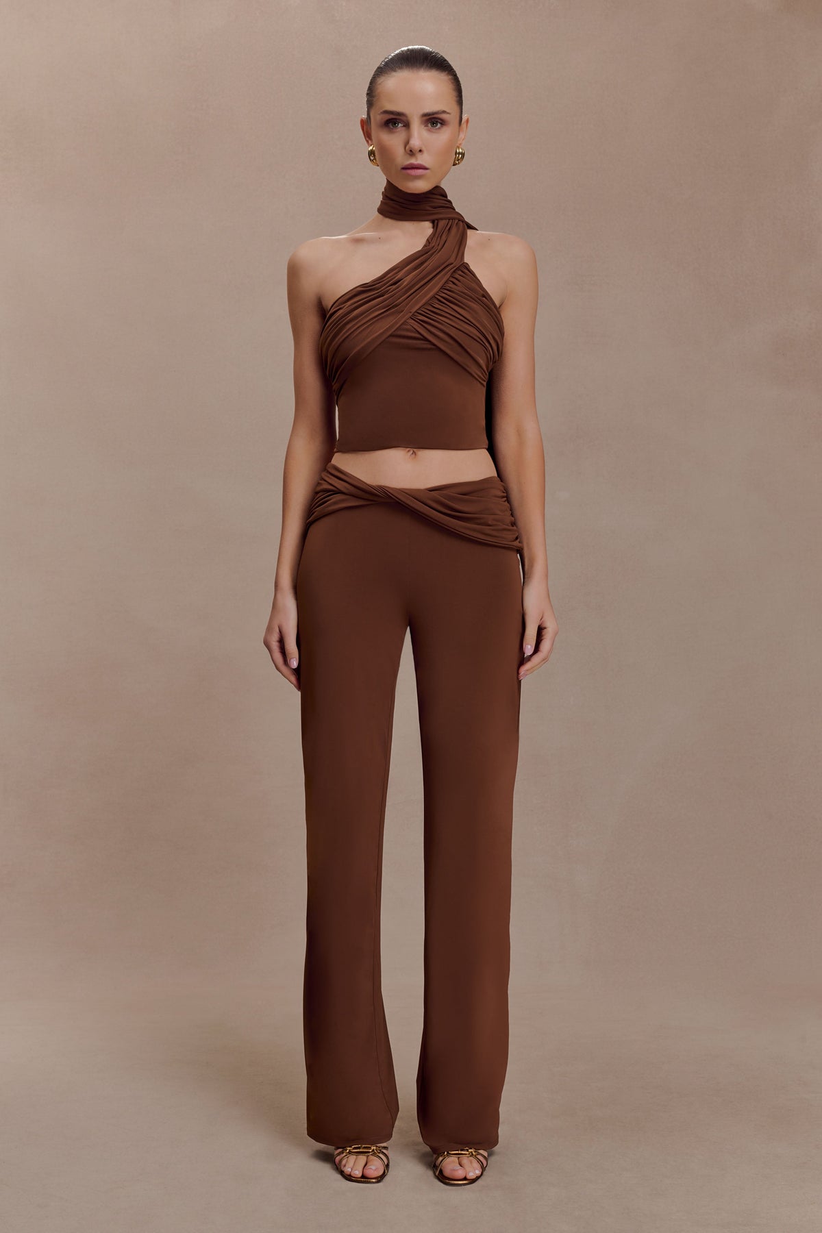 Lydia Slinky Asymmetrical Halter Top - Chocolate