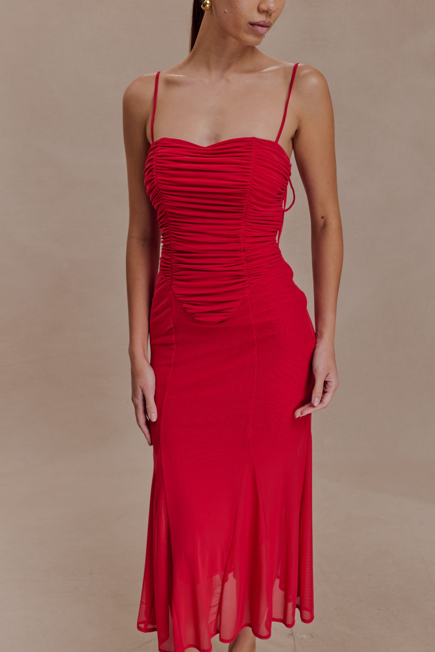 Willa Gathered Mesh Midi Dress - Ruby
