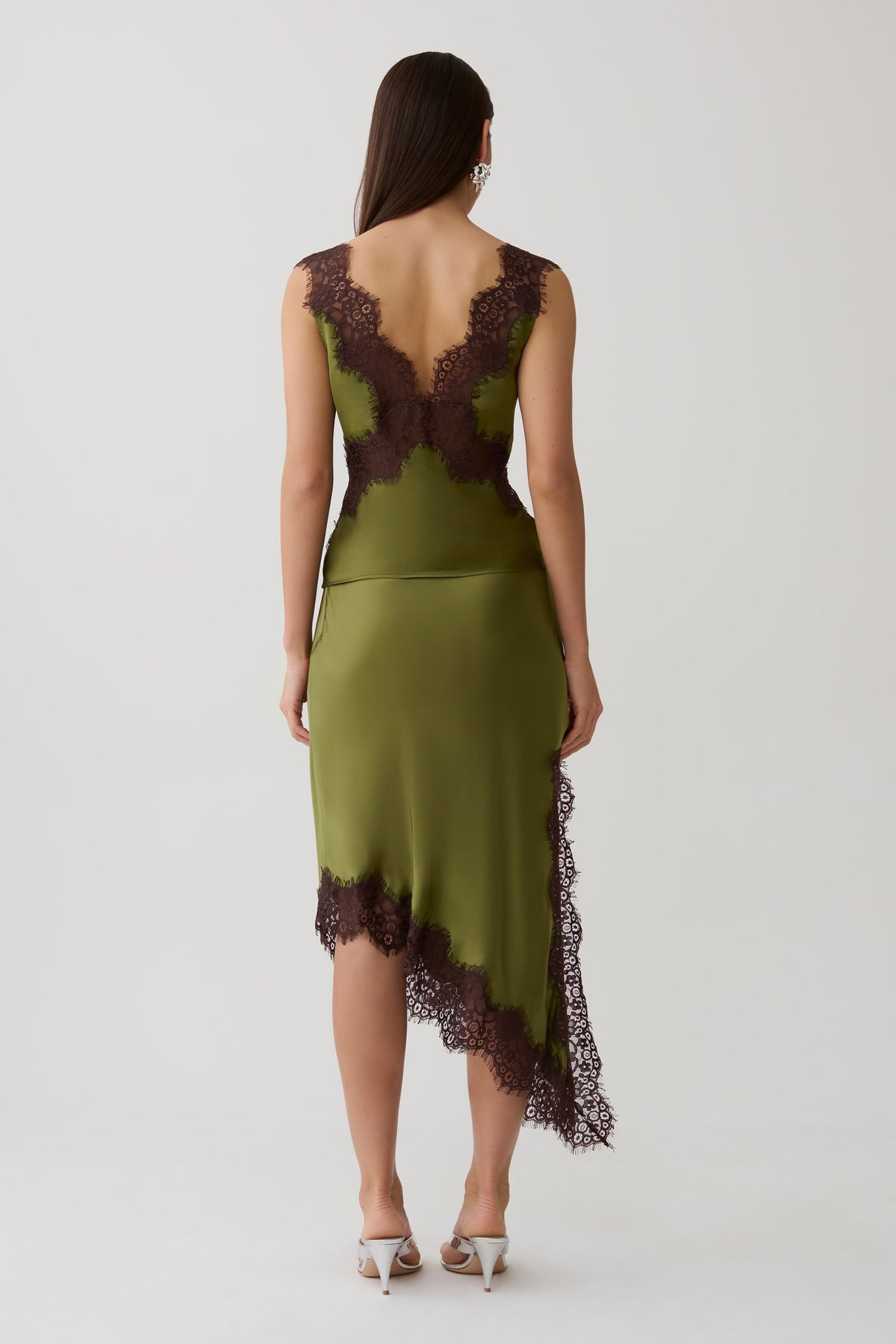 Amber Satin And Lace Midi Skirt - Olive
