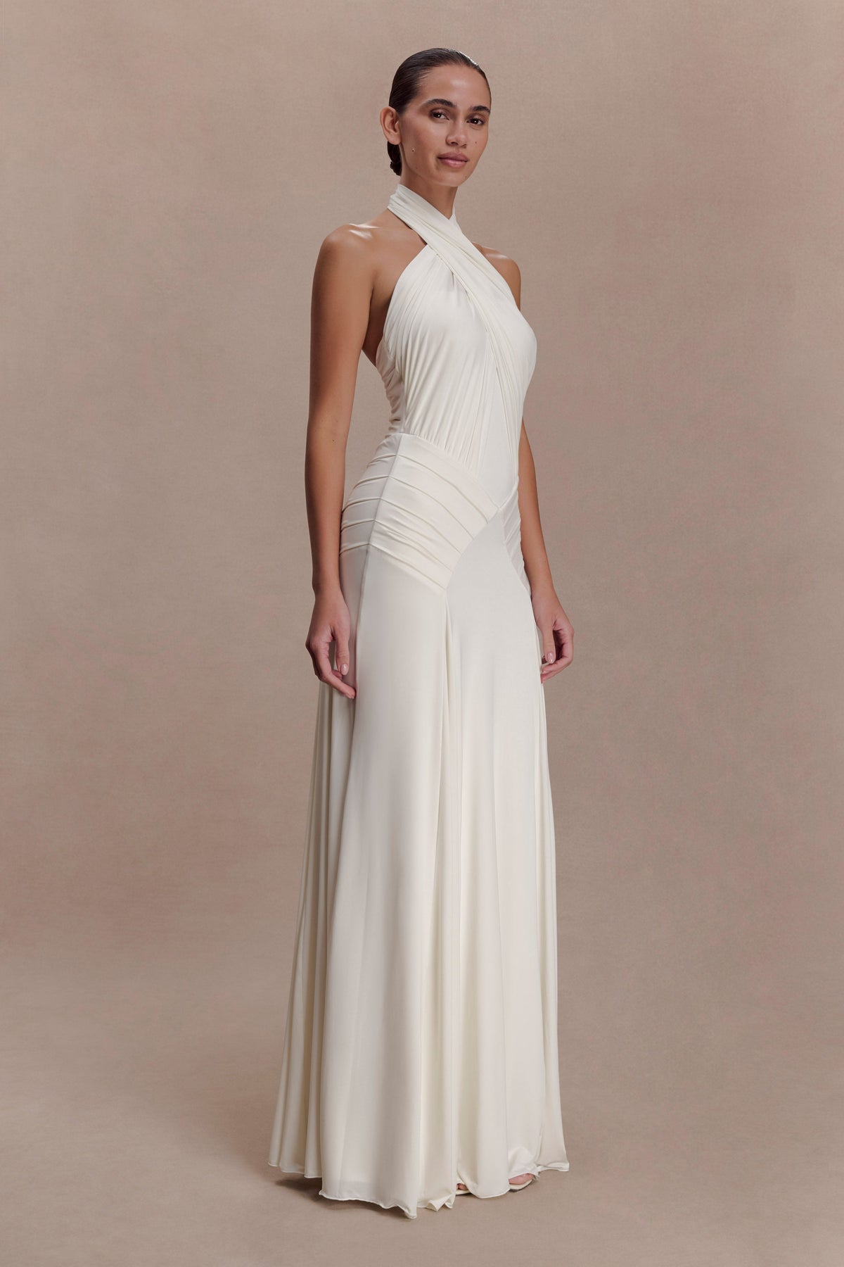 Indira Gathered Slinky Halter Maxi Dress - Ivory