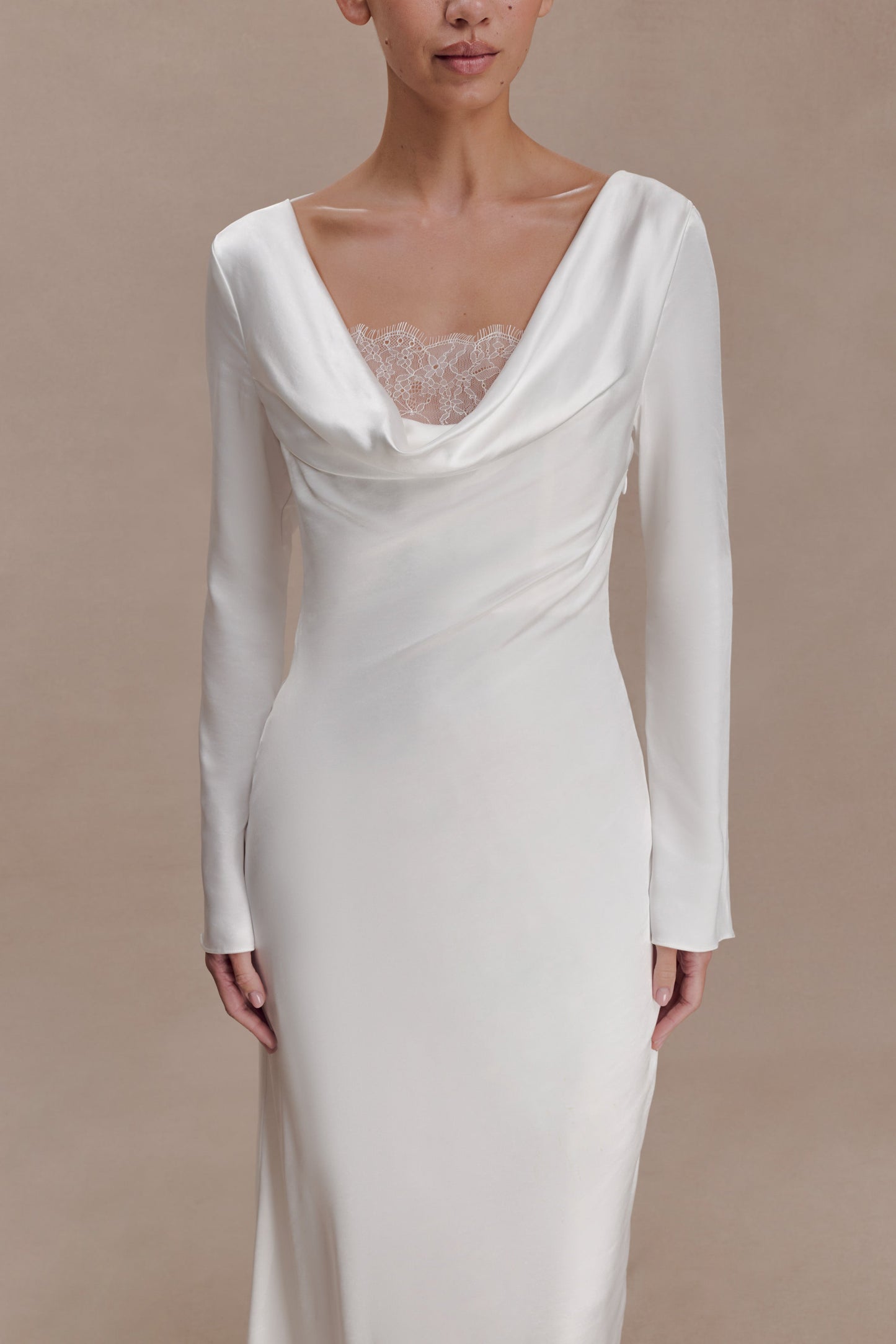 Eliza Long Sleeve Cowl Lace And Satin Maxi Dress - Ivory