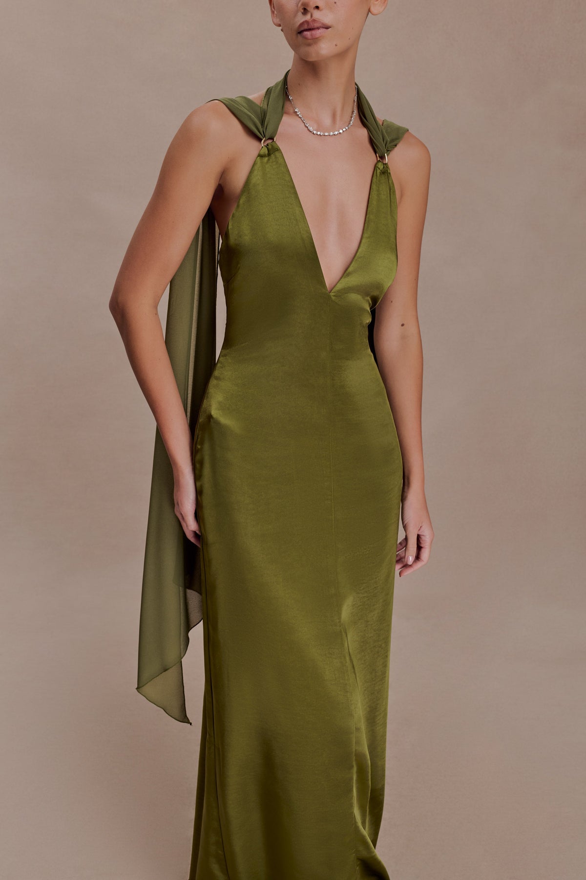 Myla Draped Shoulders Satin Maxi Dress - Khaki