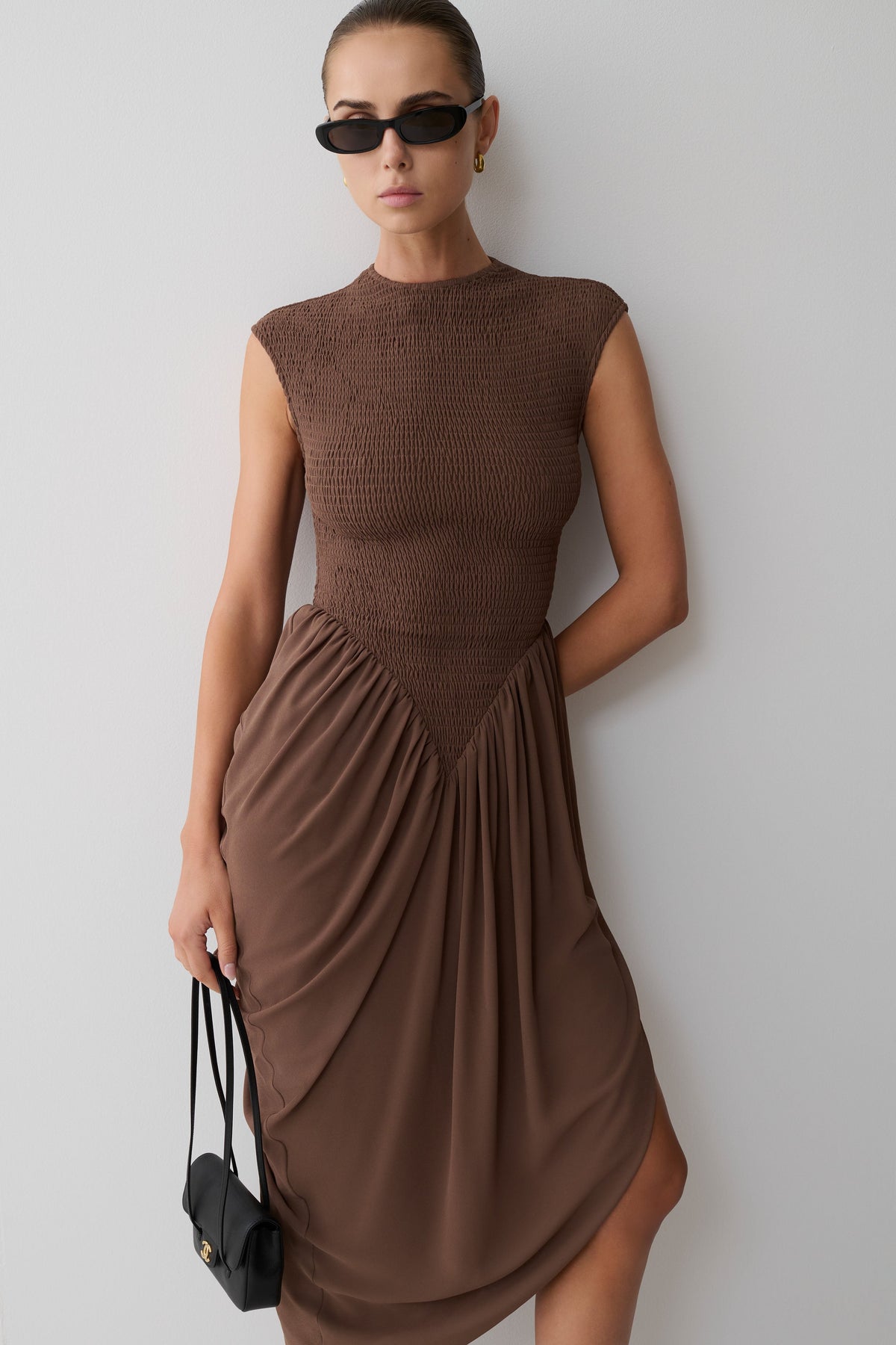 Nola Shirred Asymmetric Midi Dress - Mocha